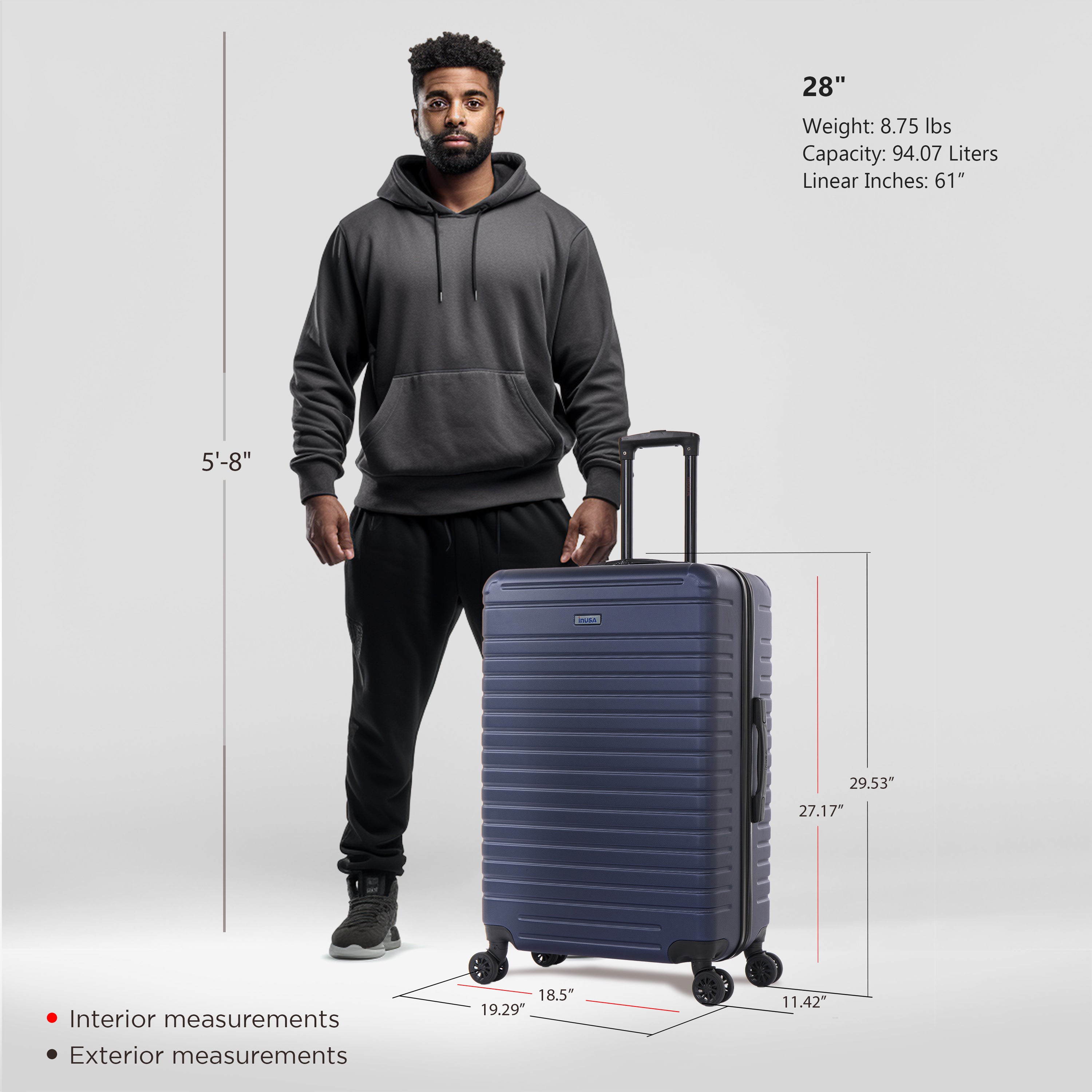 Man holding a navy suitcase with measurements displayed on a gray background