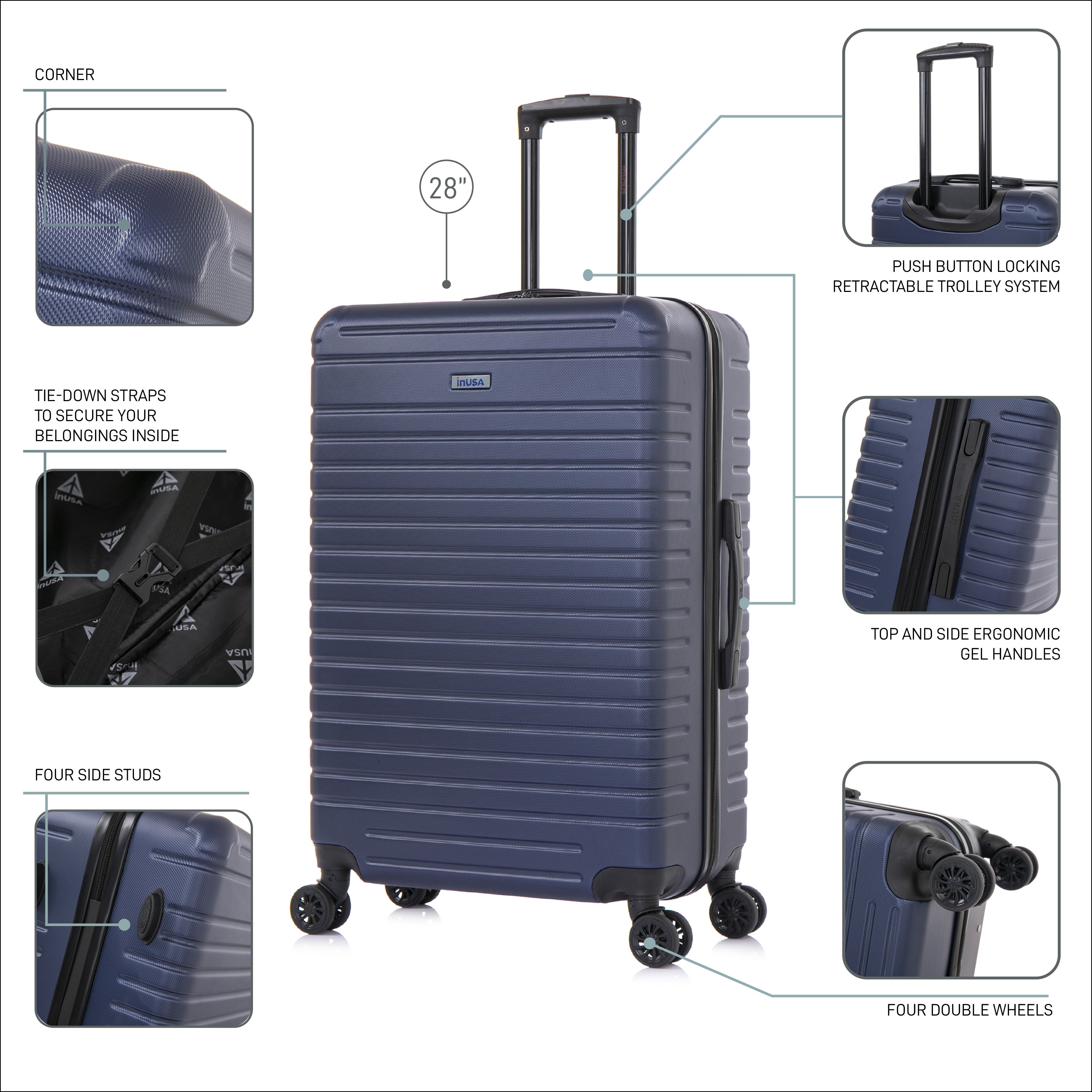 Blue suitcase with features highlighted on a white background