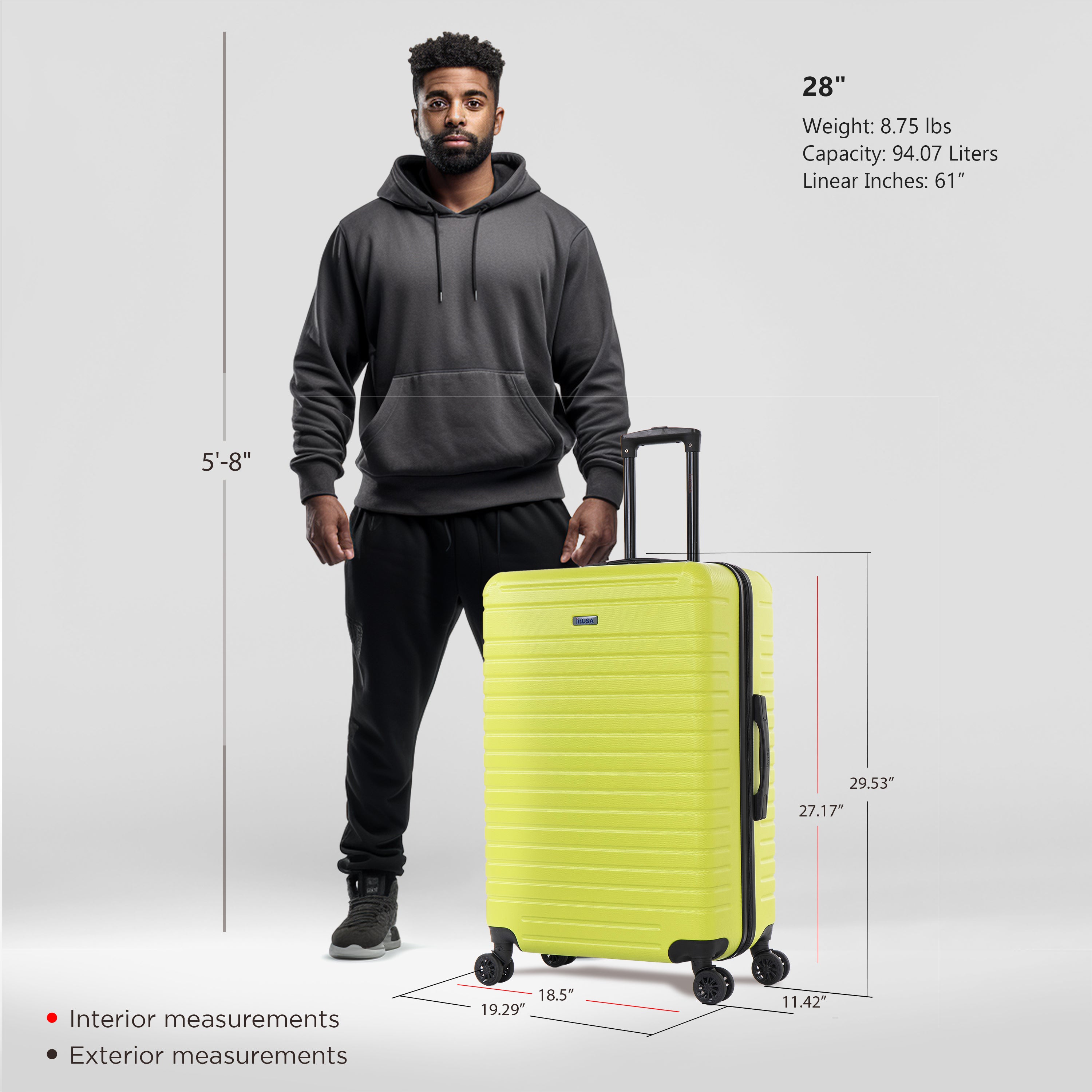 Man standing next to a yellow suitcase with measurements displayed