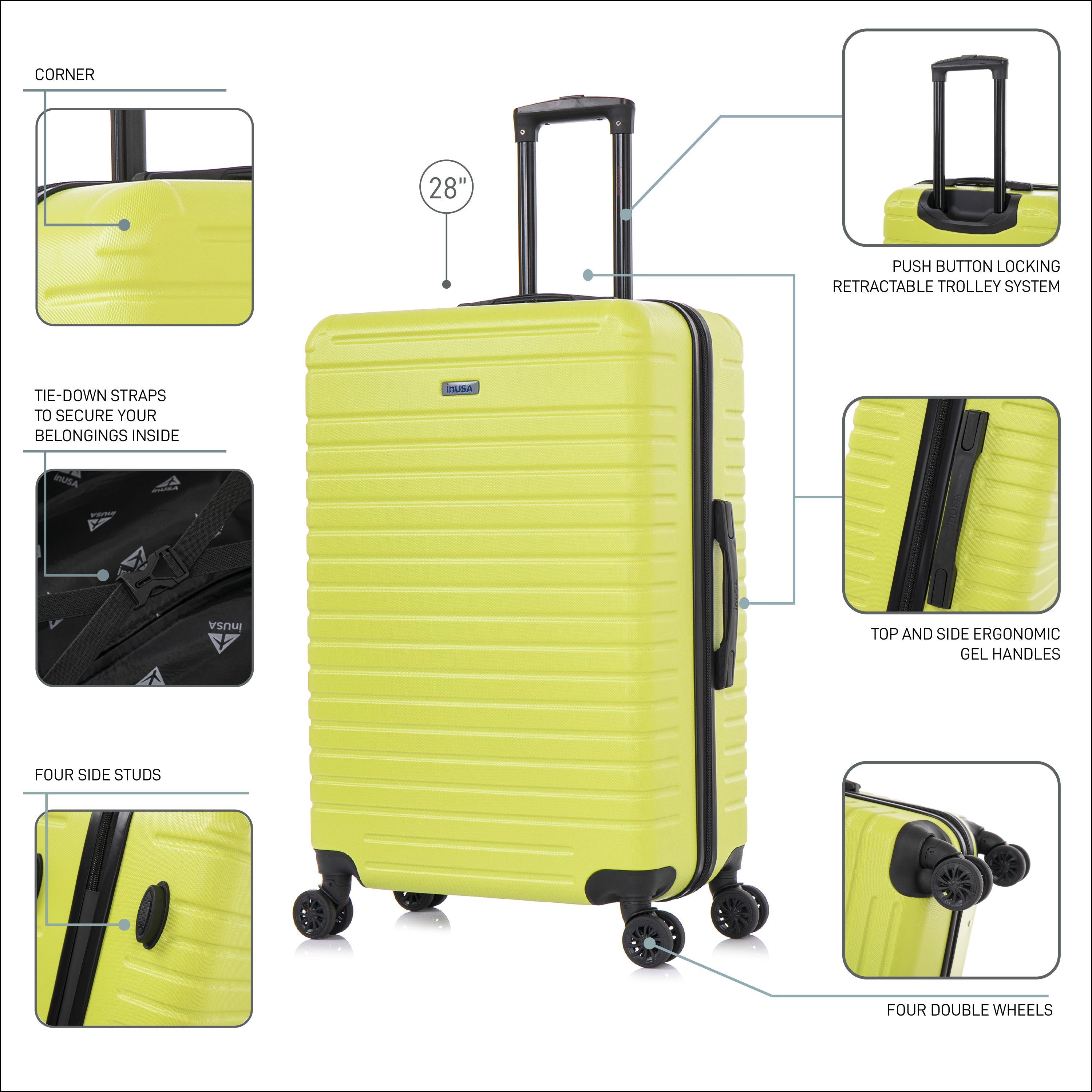 Yellow suitcase with features highlighted on a white background