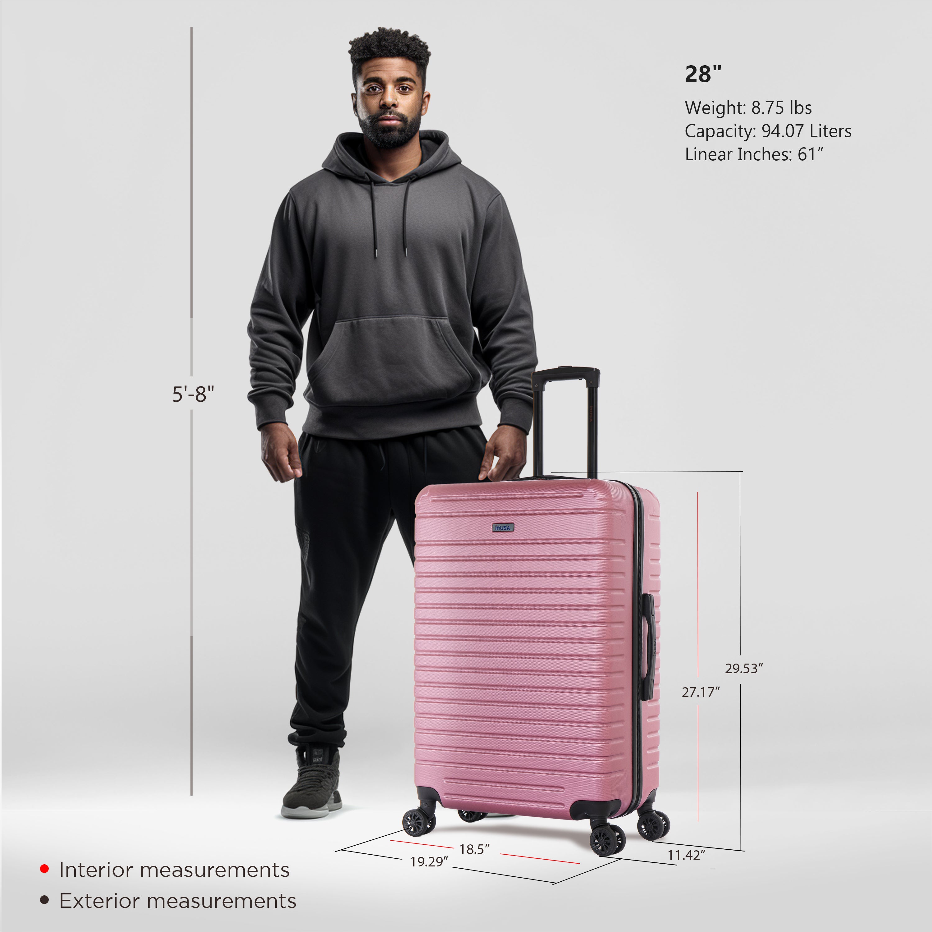 Man holding a pink suitcase with measurements displayed on a gray background