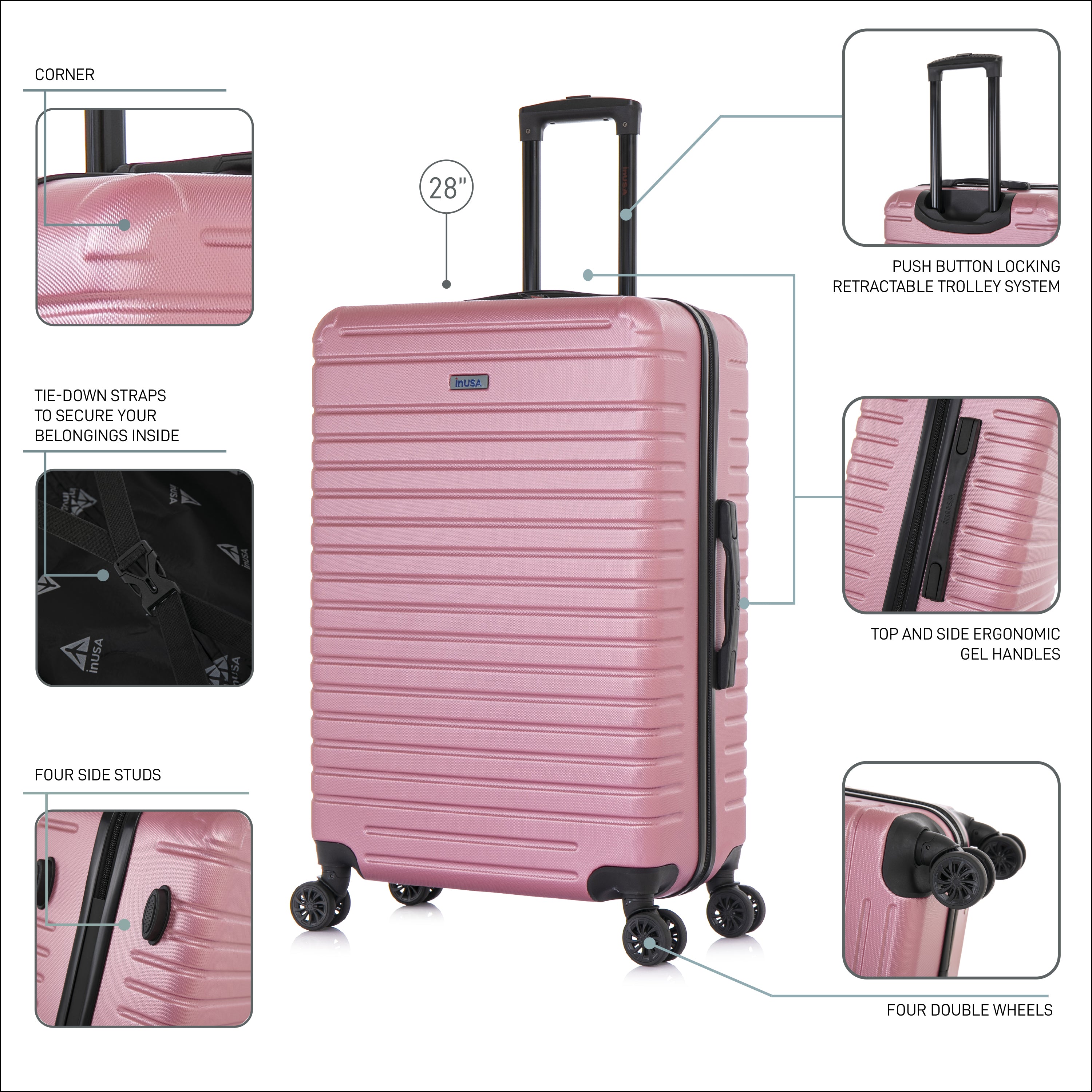 Pink suitcase with multiple features highlighted on a white background