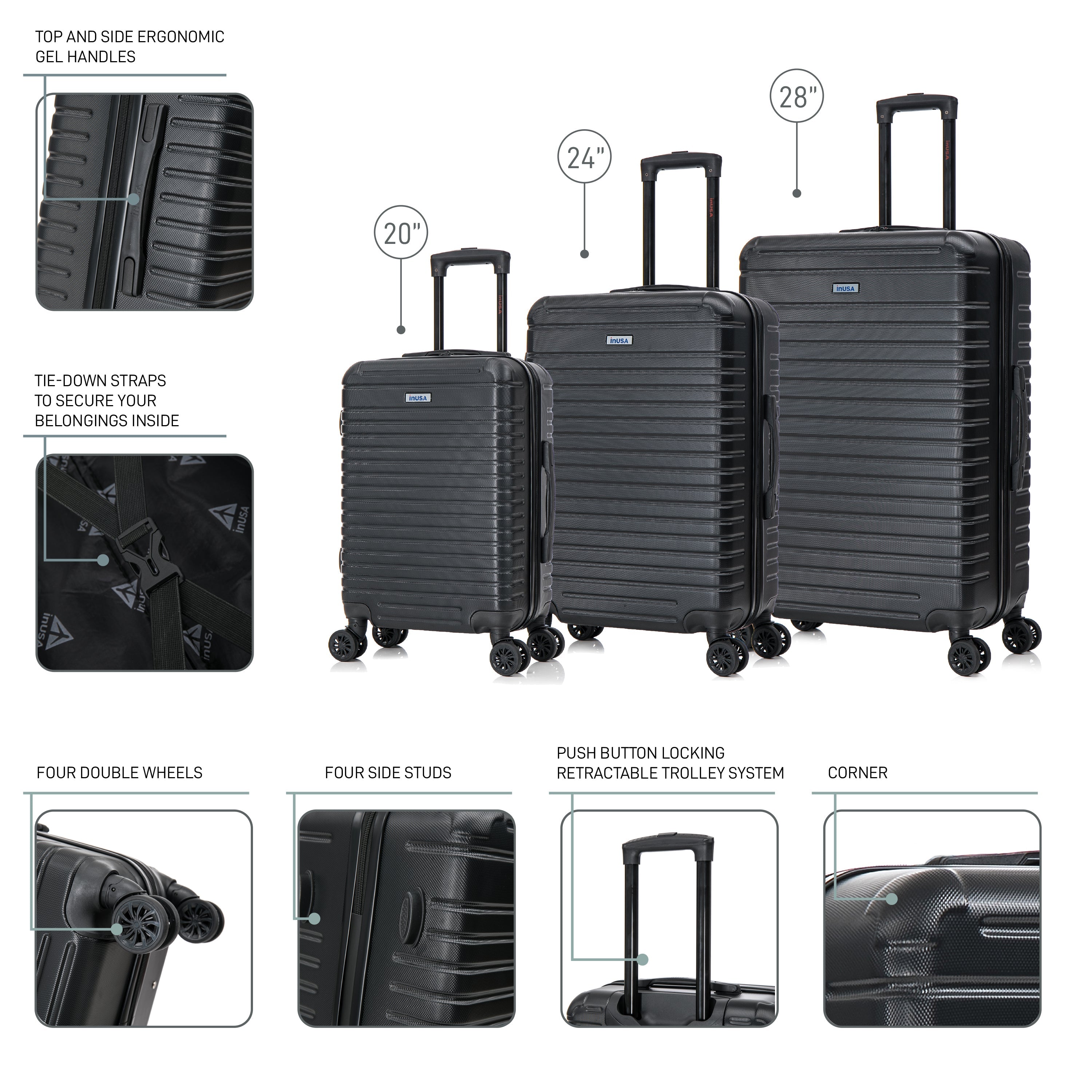 Black suitcases with features highlighted on a white background