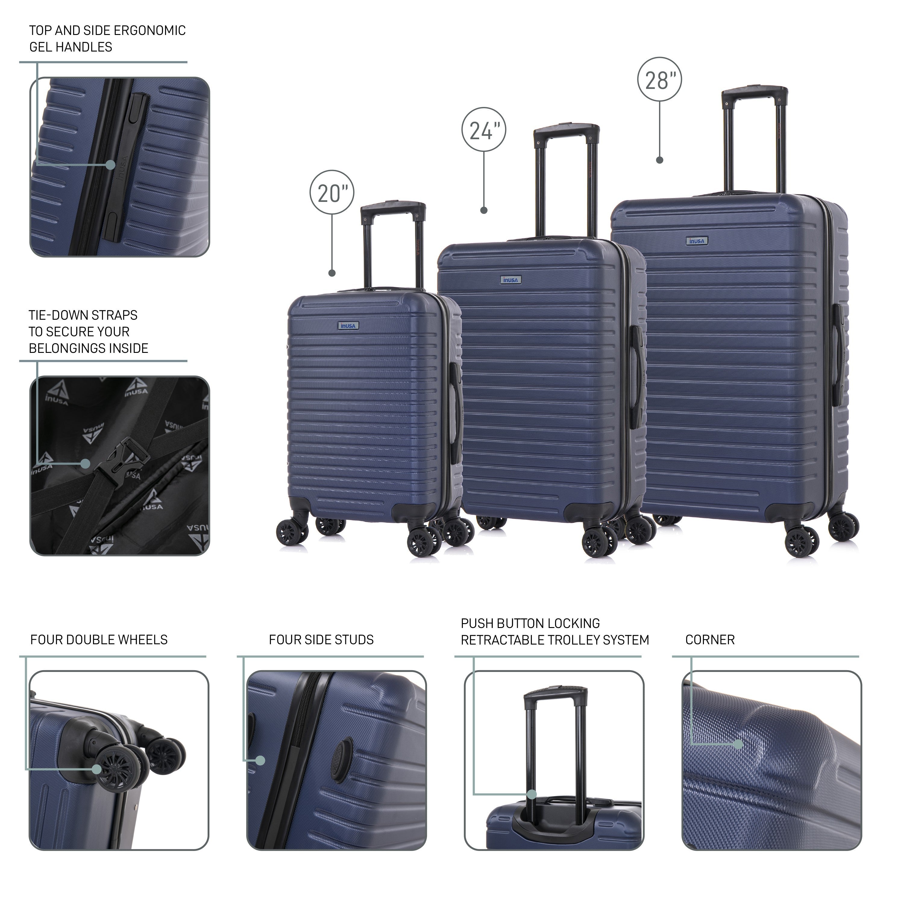 Set of blue suitcases with features highlighted on a white background
