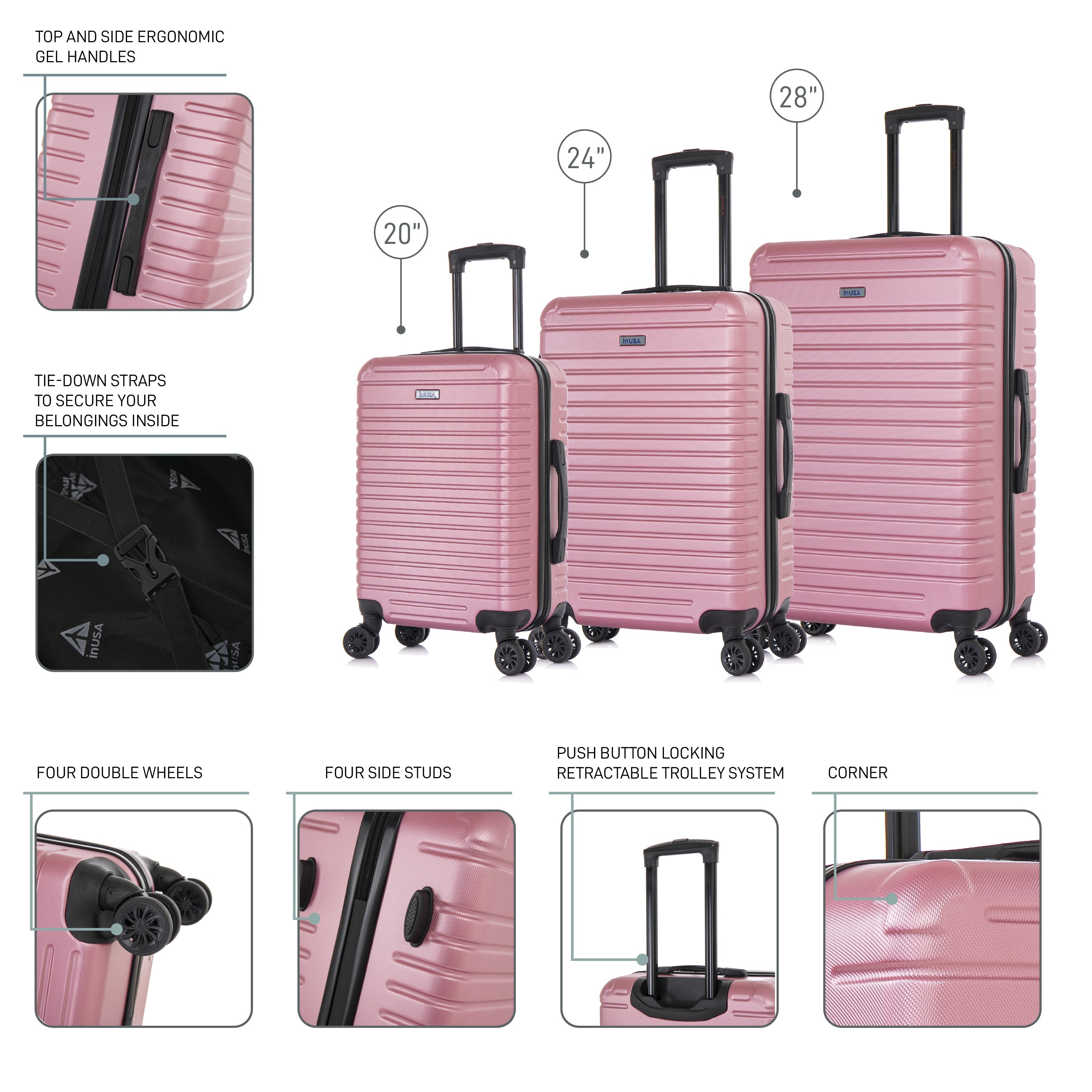 Set of pink suitcases with features highlighted on a white background