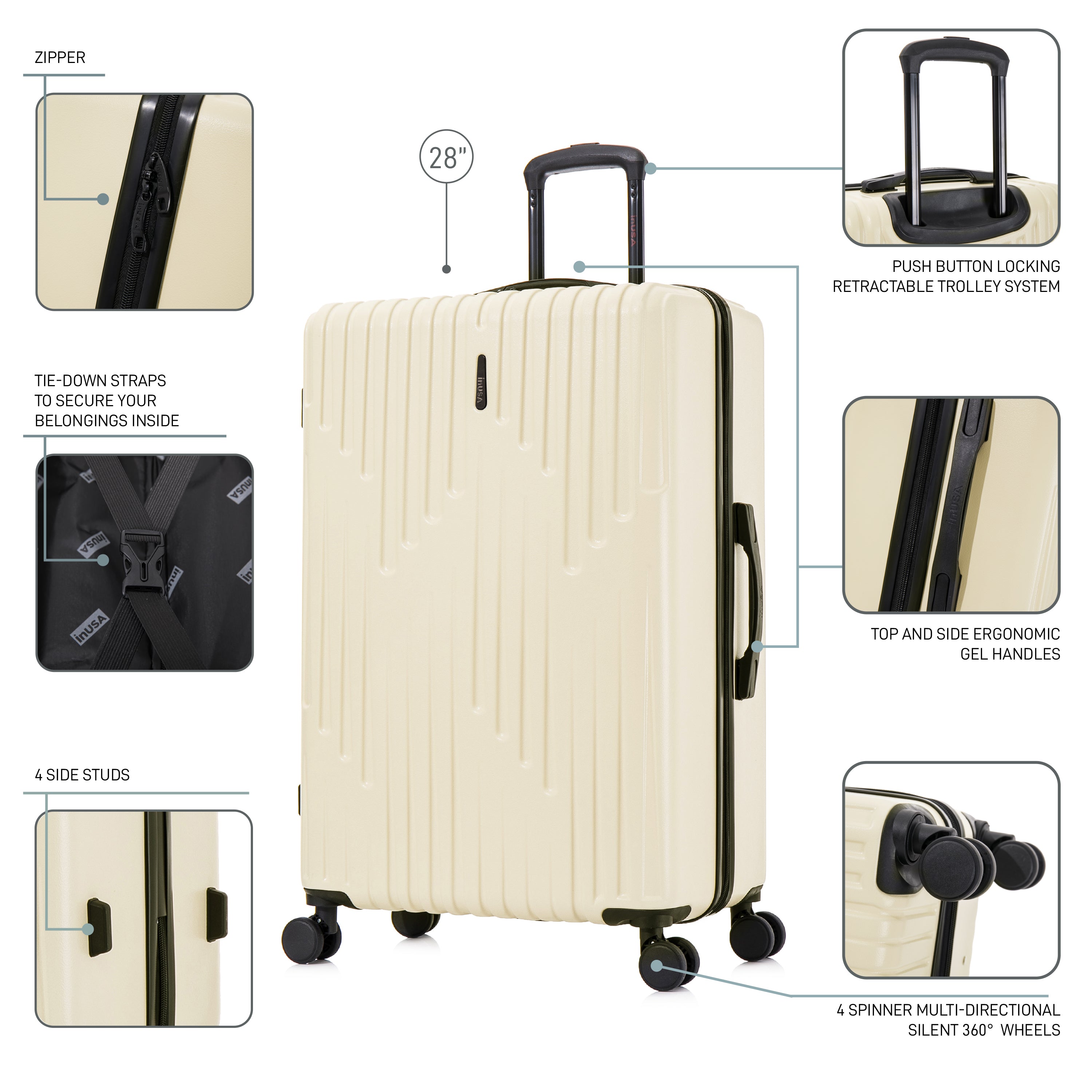 Beige suitcase with features highlighted on a white background