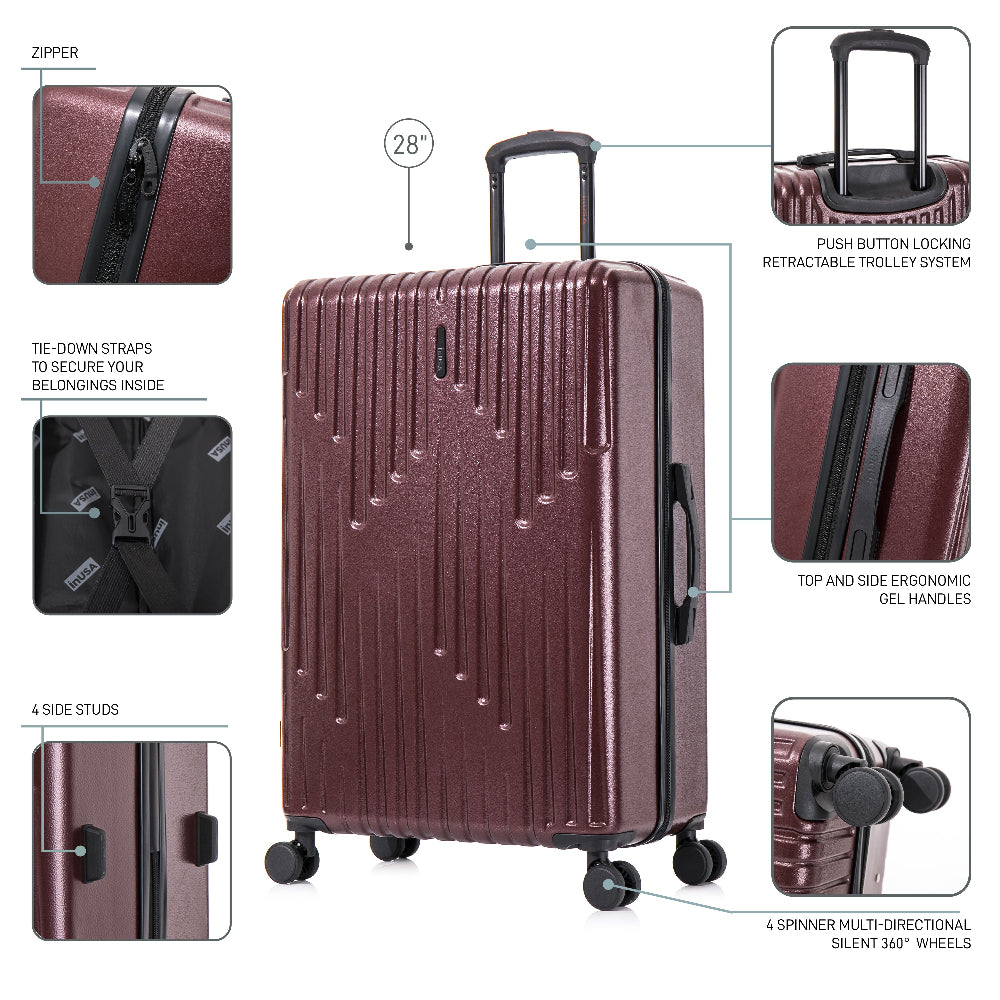 Brown suitcase with multiple features highlighted on a white background