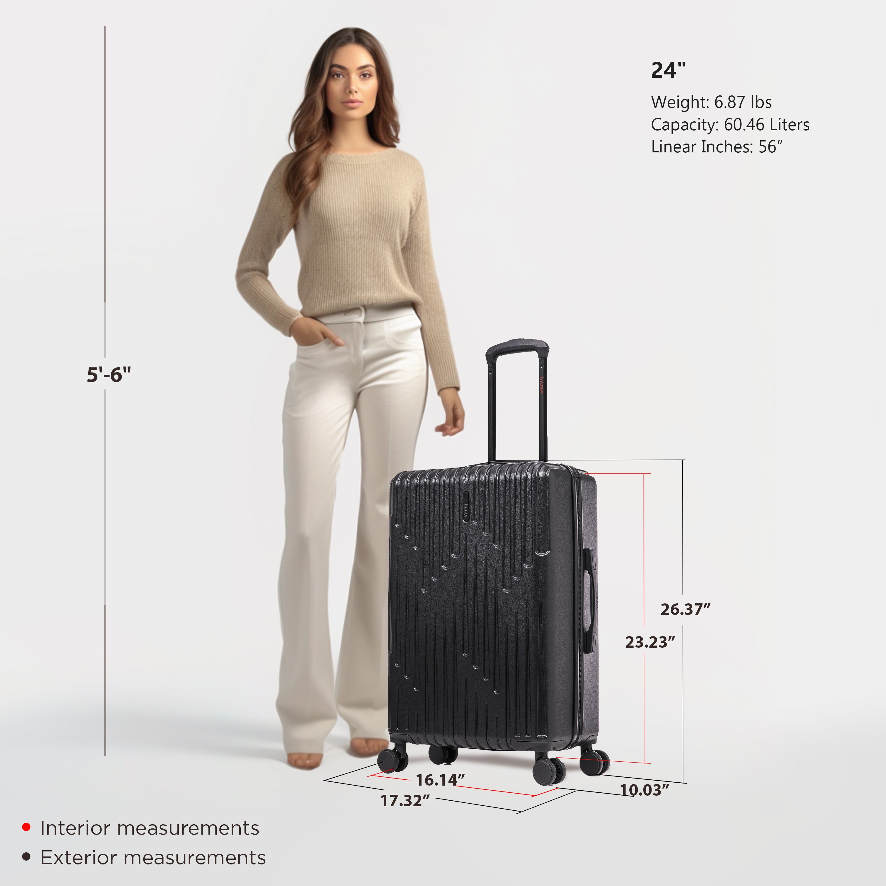 Woman standing next to a black suitcase with measurements displayed