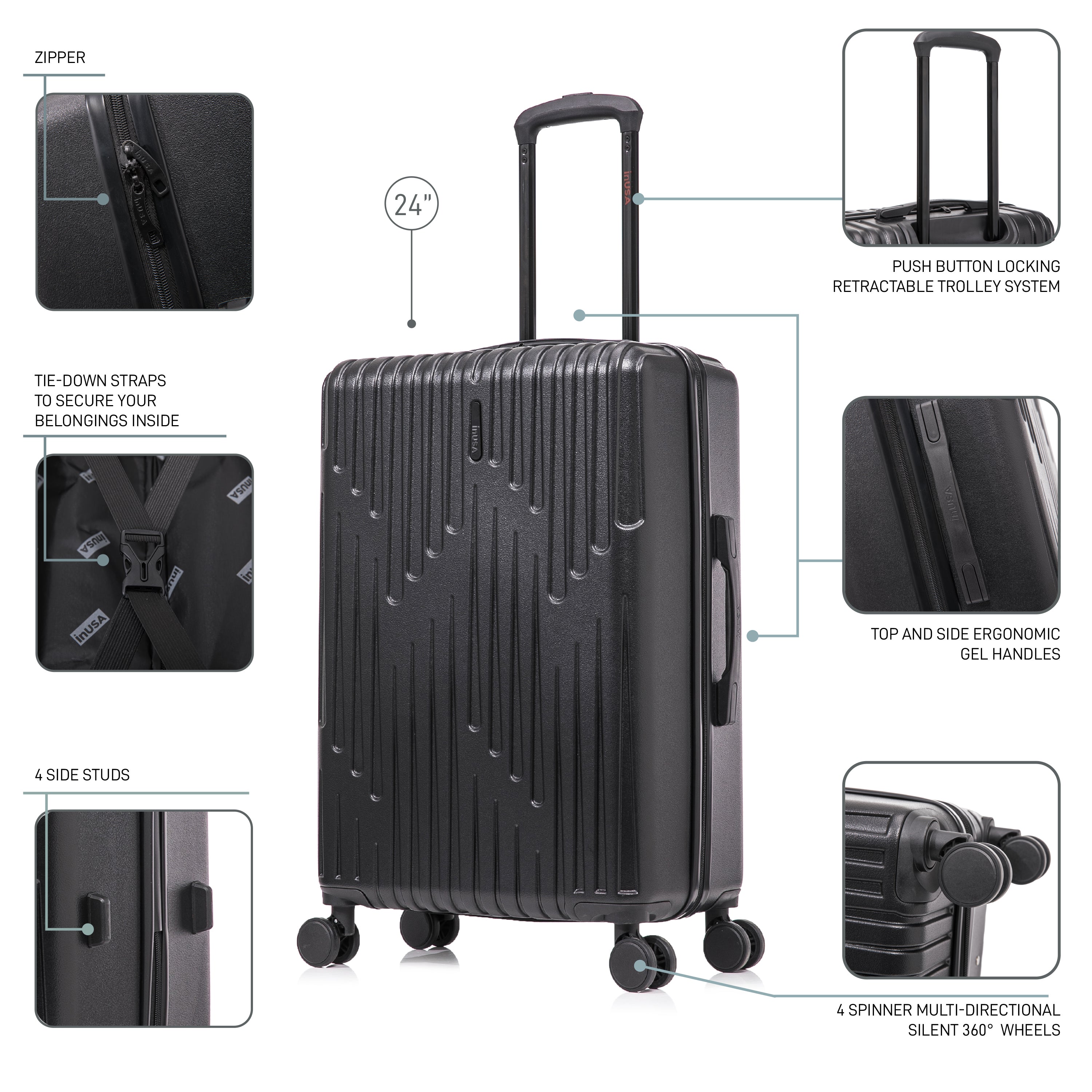 Black suitcase with features highlighted on a white background