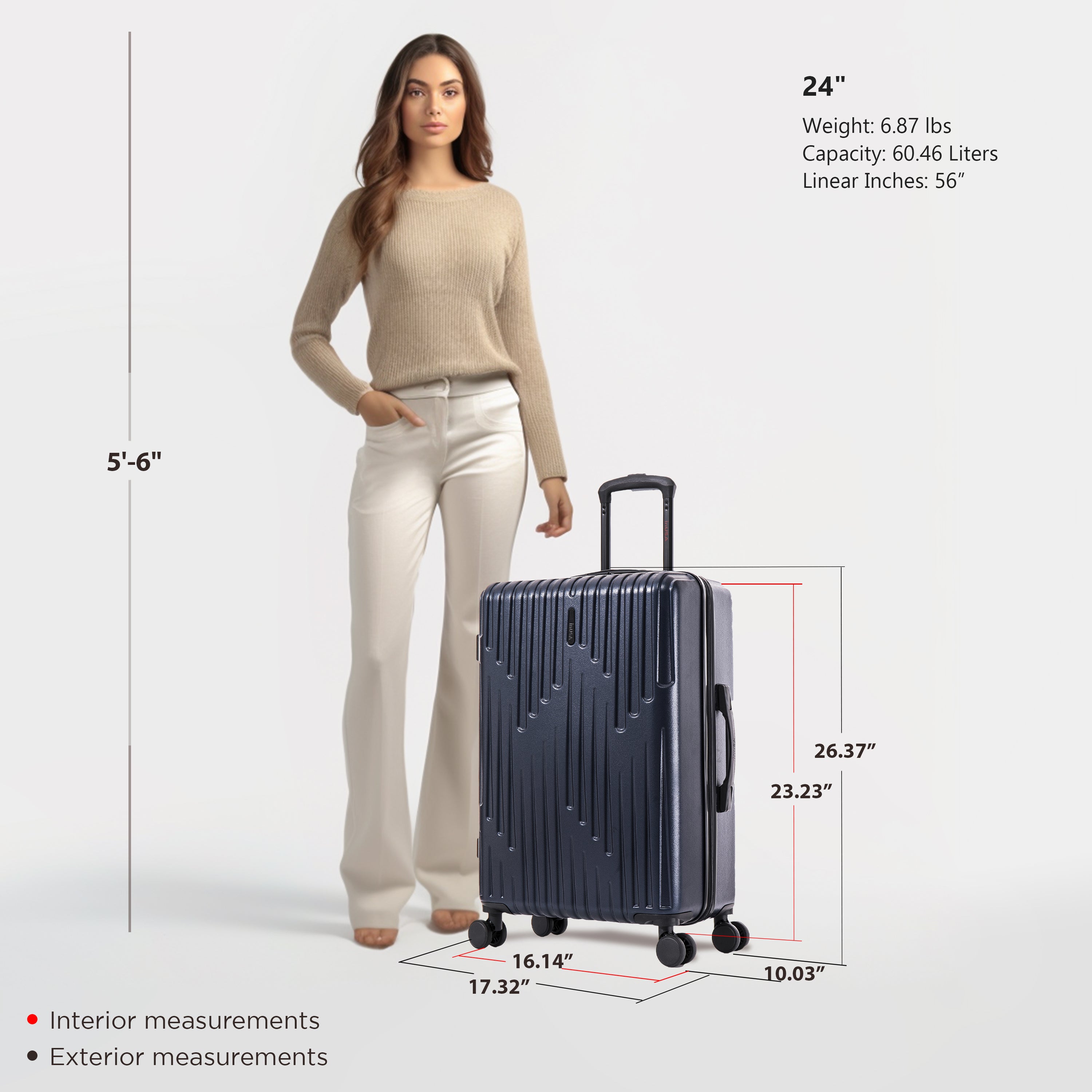 Woman standing next to a navy suitcase with measurements displayed