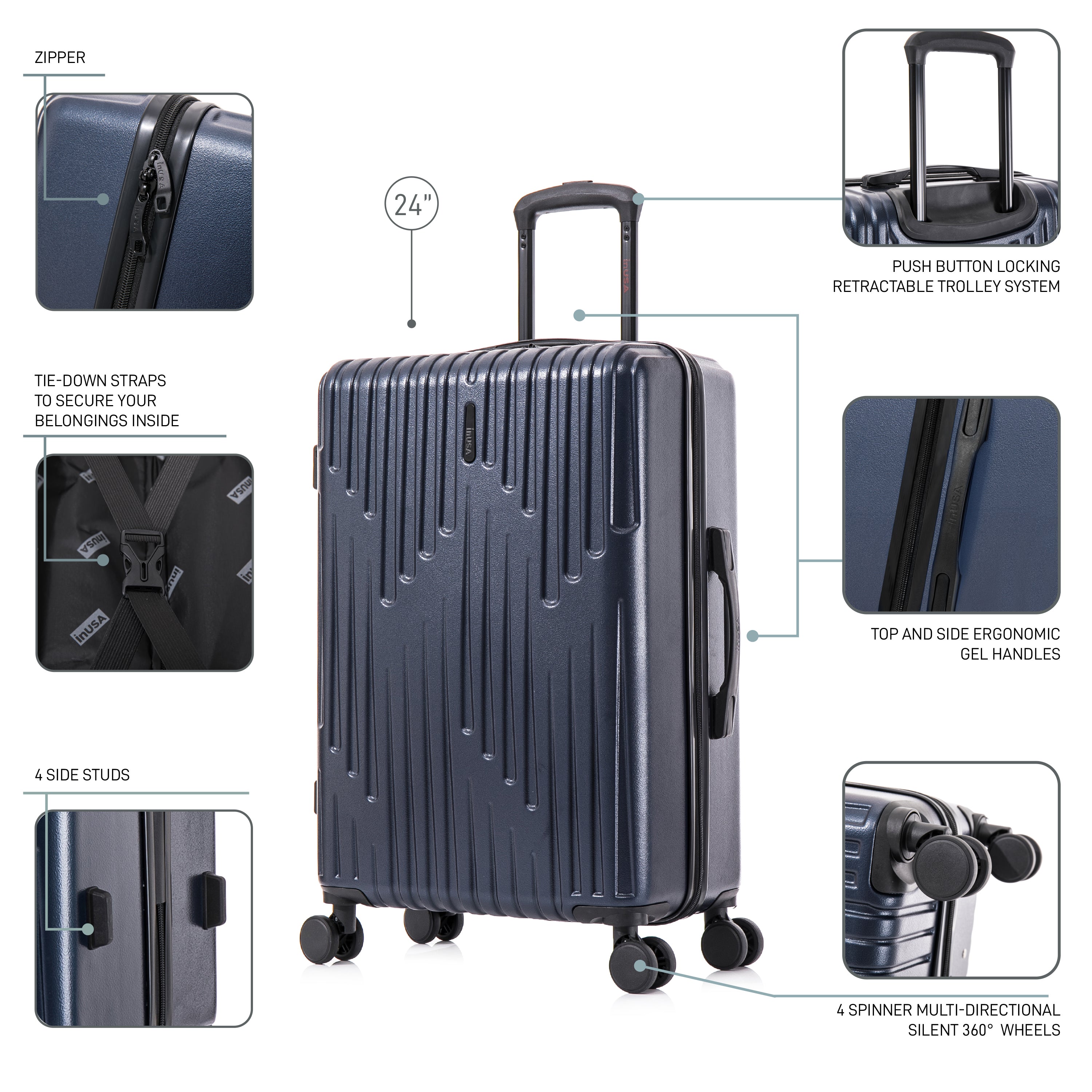 Navy blue suitcase with features highlighted on a white background