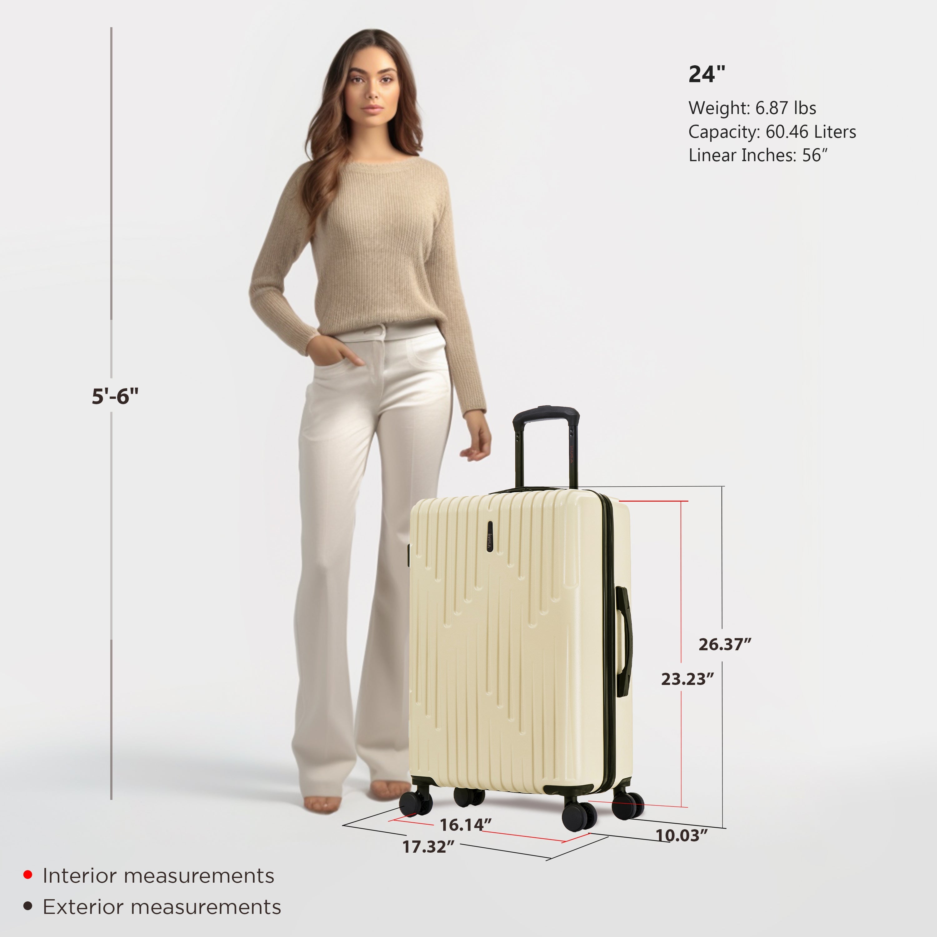 Woman standing next to a 24-inch suitcase with measurements displayed