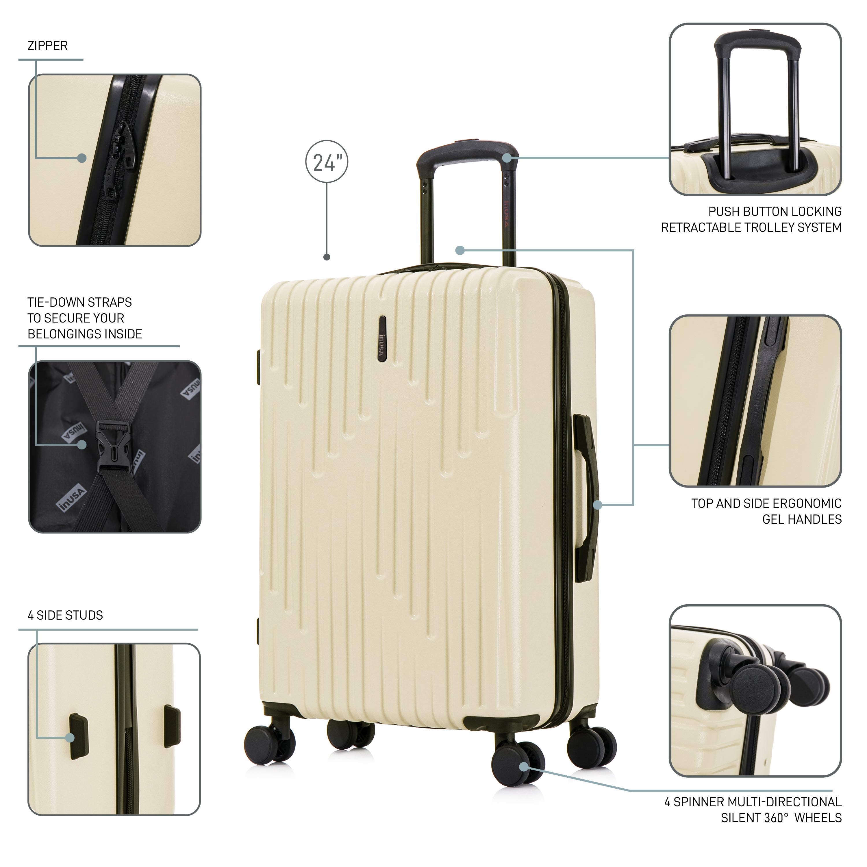Beige suitcase with features highlighted on a white background