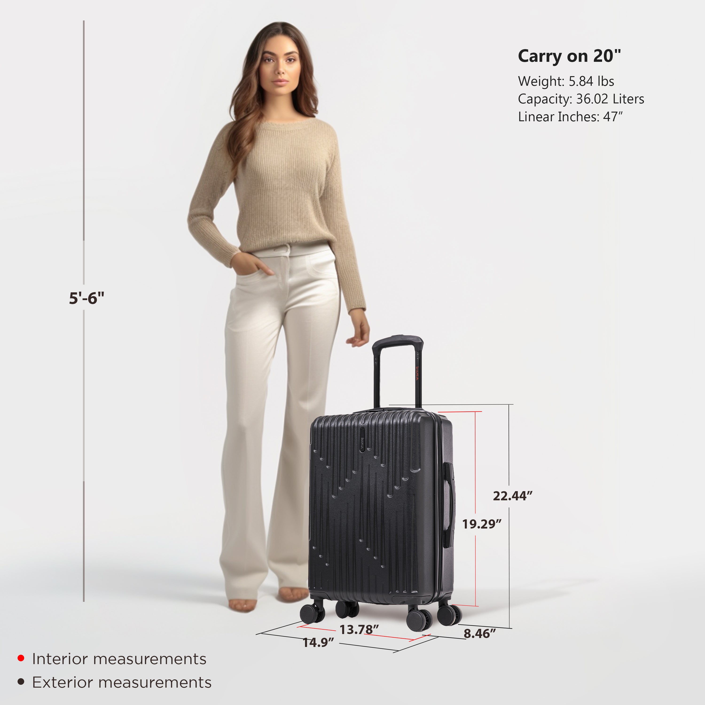 Woman holding a black suitcase with measurements displayed on a white background
