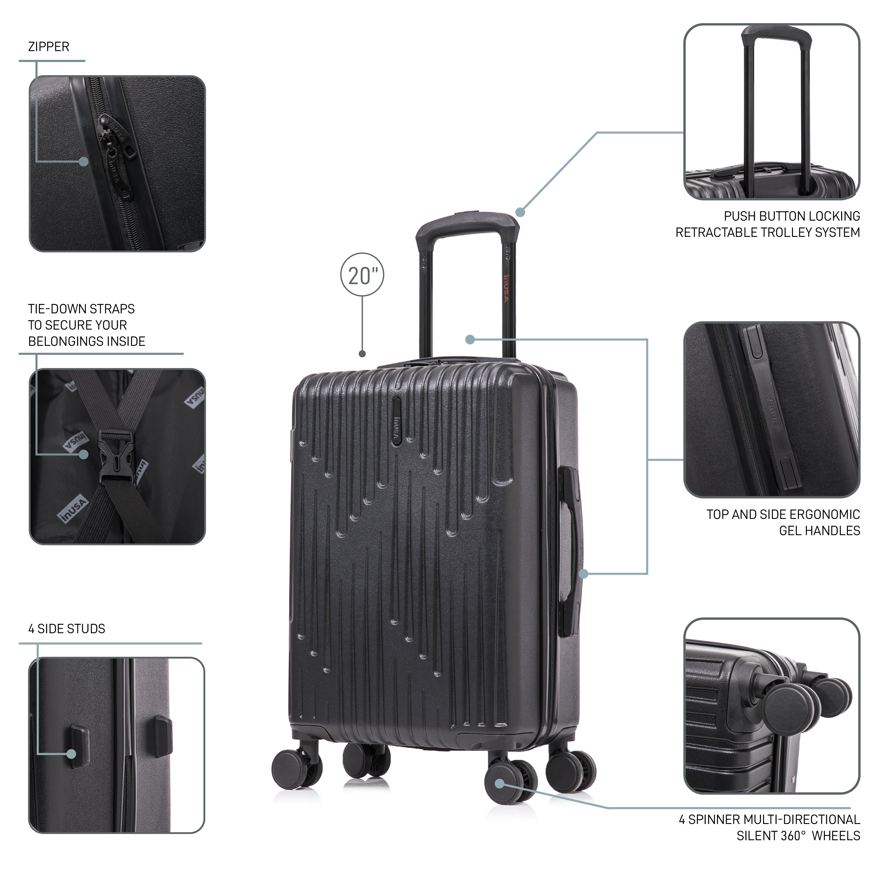 Black suitcase with features highlighted on a white background