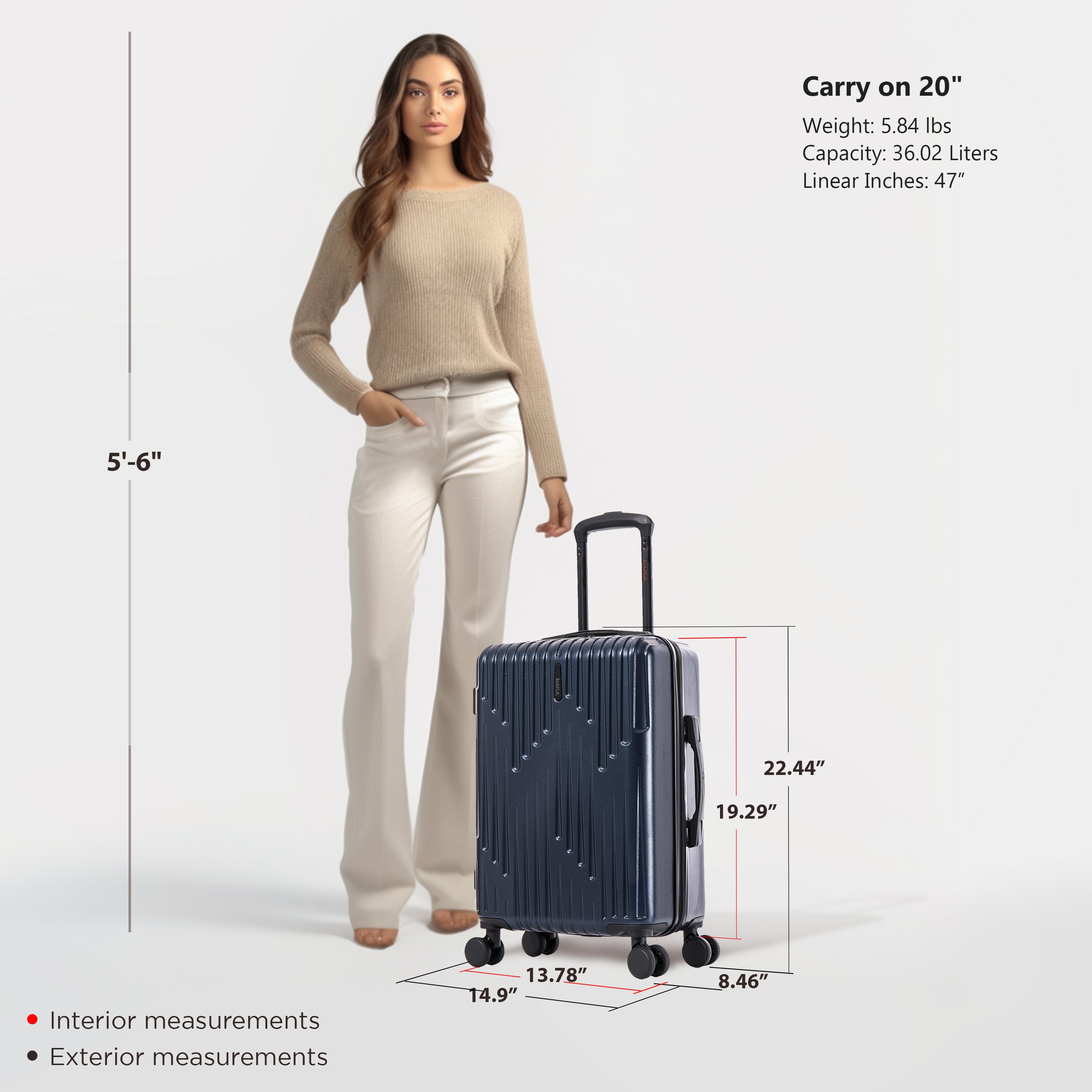 Woman standing next to a navy blue suitcase with measurements displayed