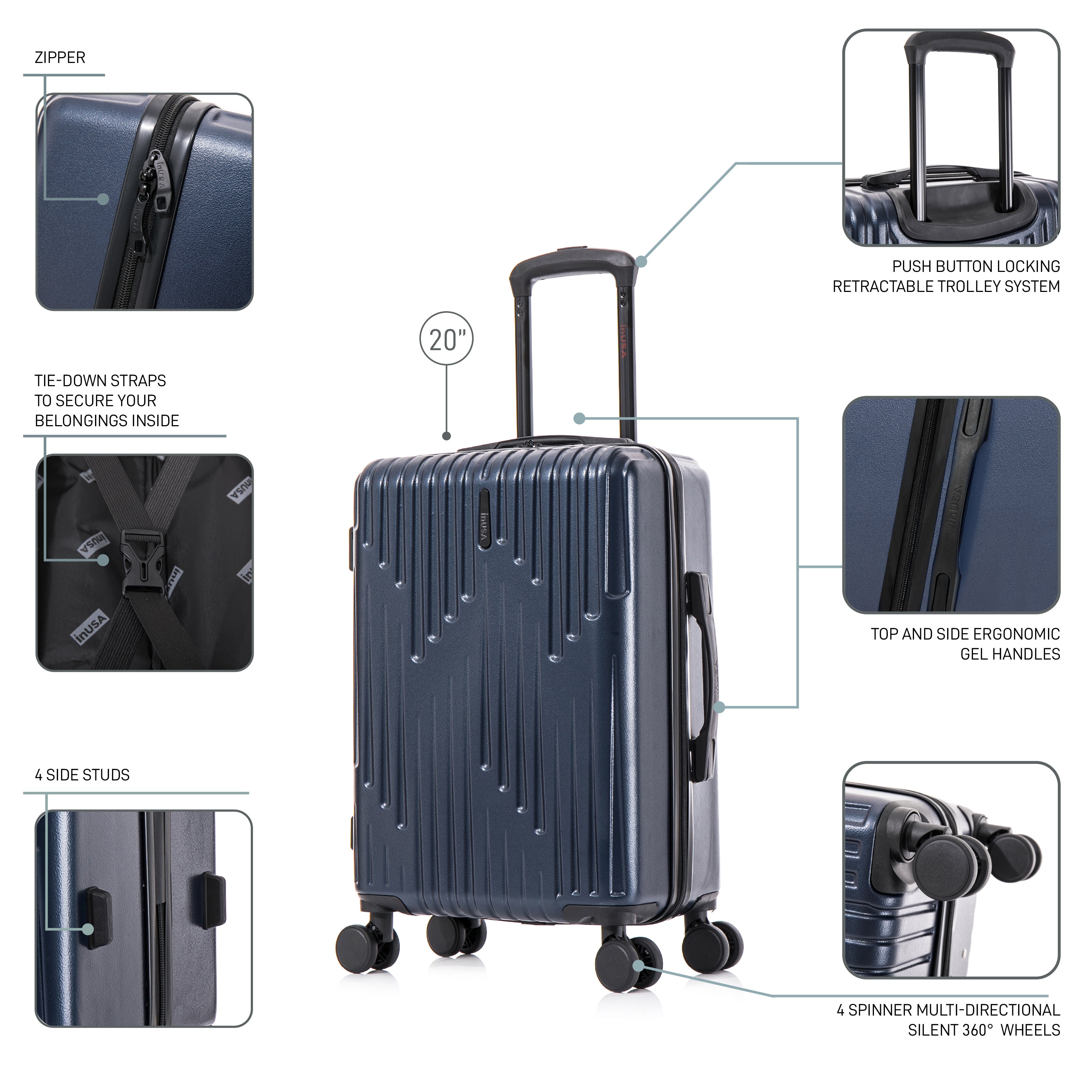 Navy blue suitcase with features highlighted on a white background