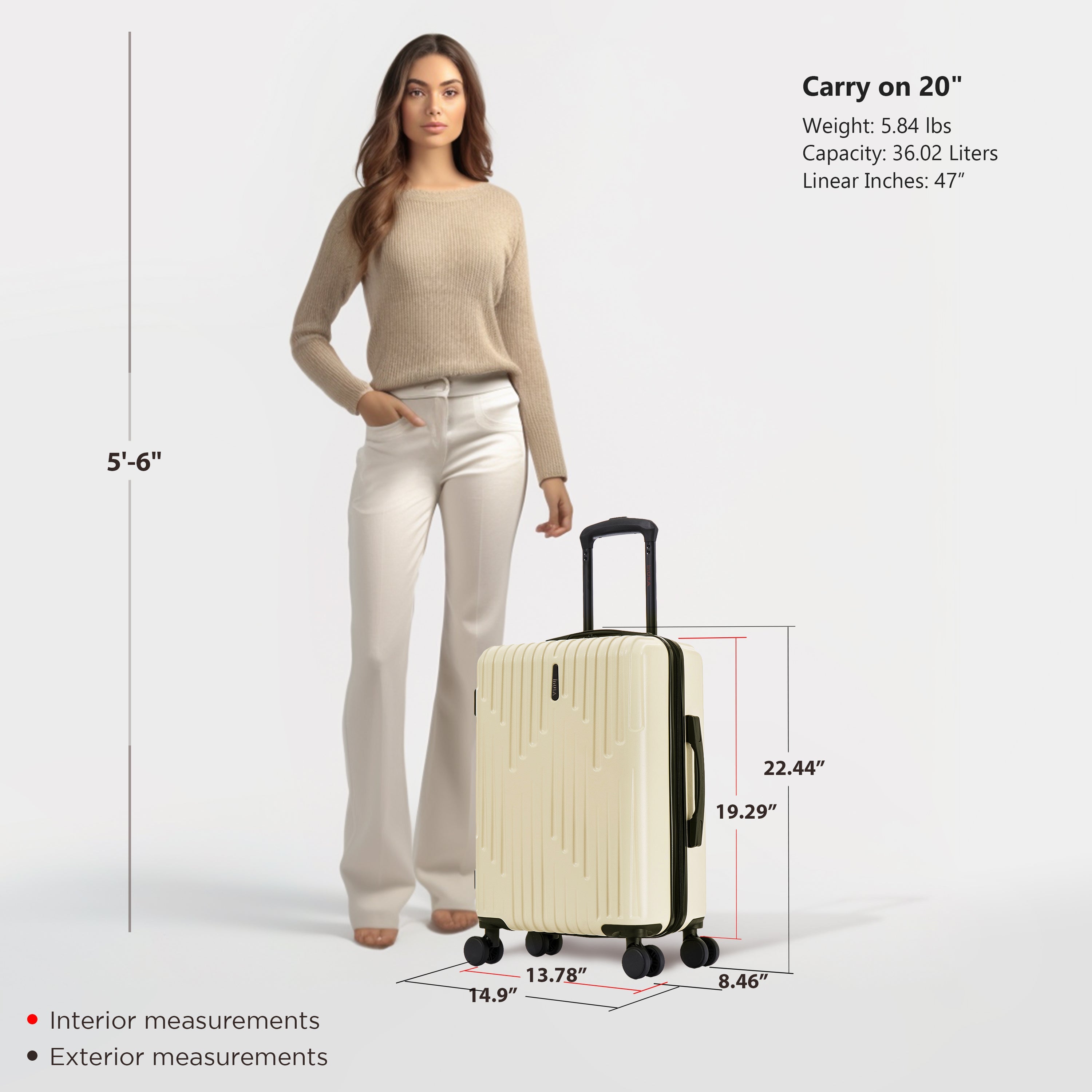 Woman standing next to a beige carry-on suitcase with measurements displayed.