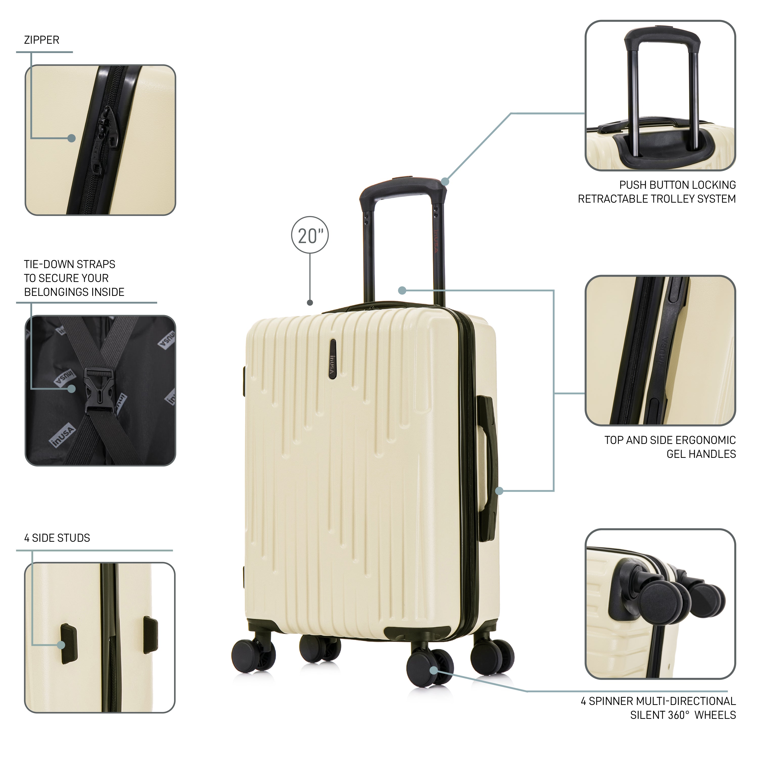 Beige suitcase with features highlighted on a white background