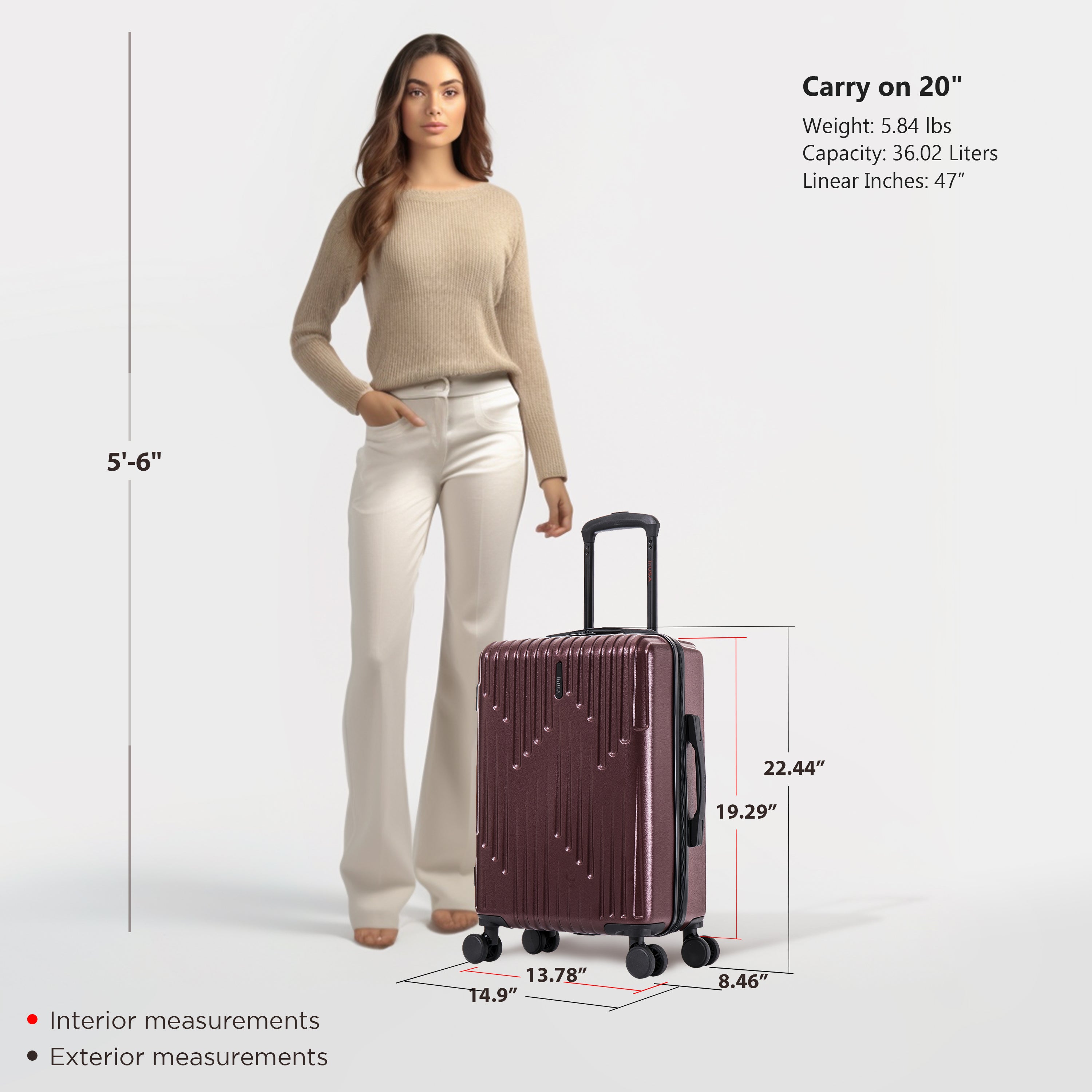 Woman holding a purple suitcase with measurements displayed on a white background