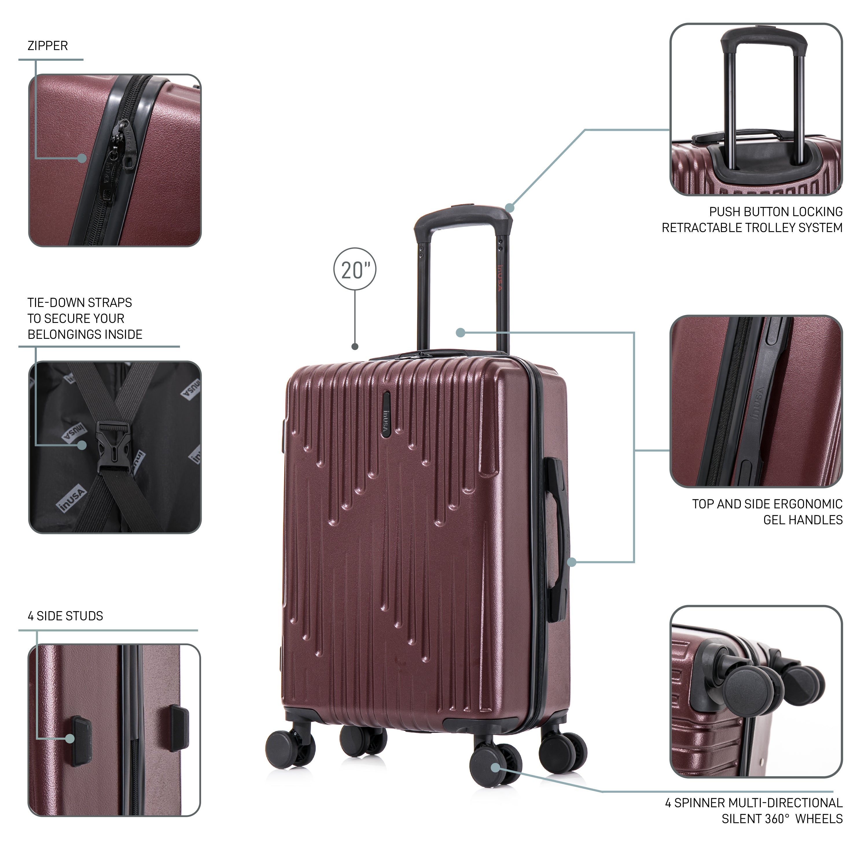 Brown suitcase with features highlighted on a white background
