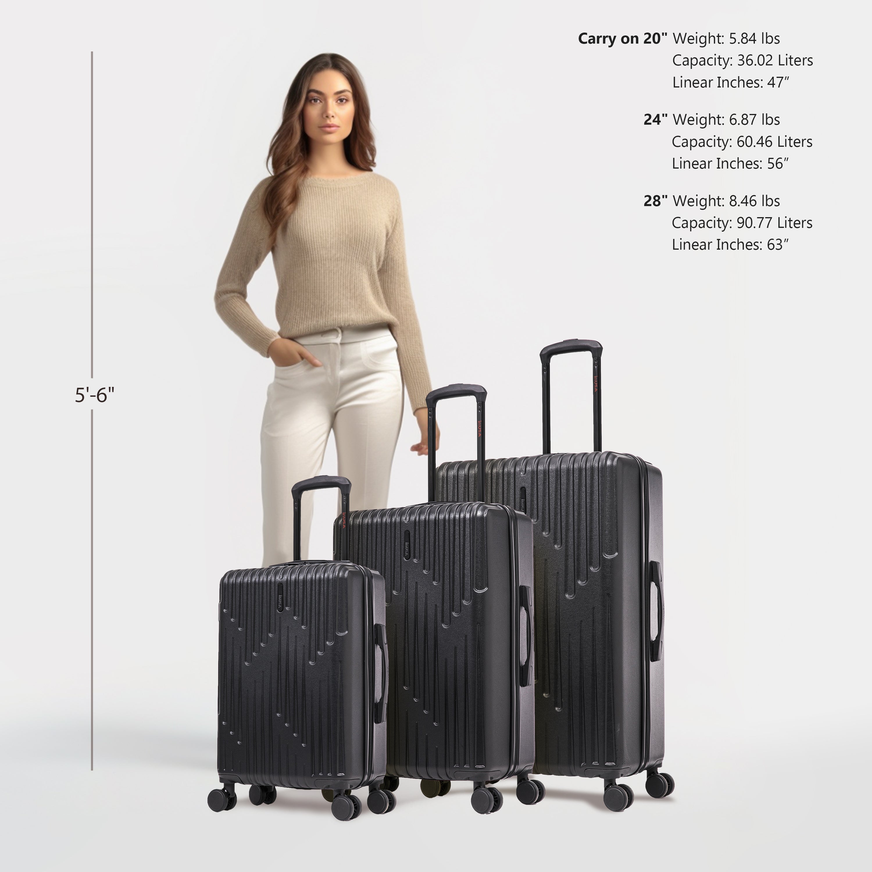Woman standing next to three black suitcases with size and weight information displayed.