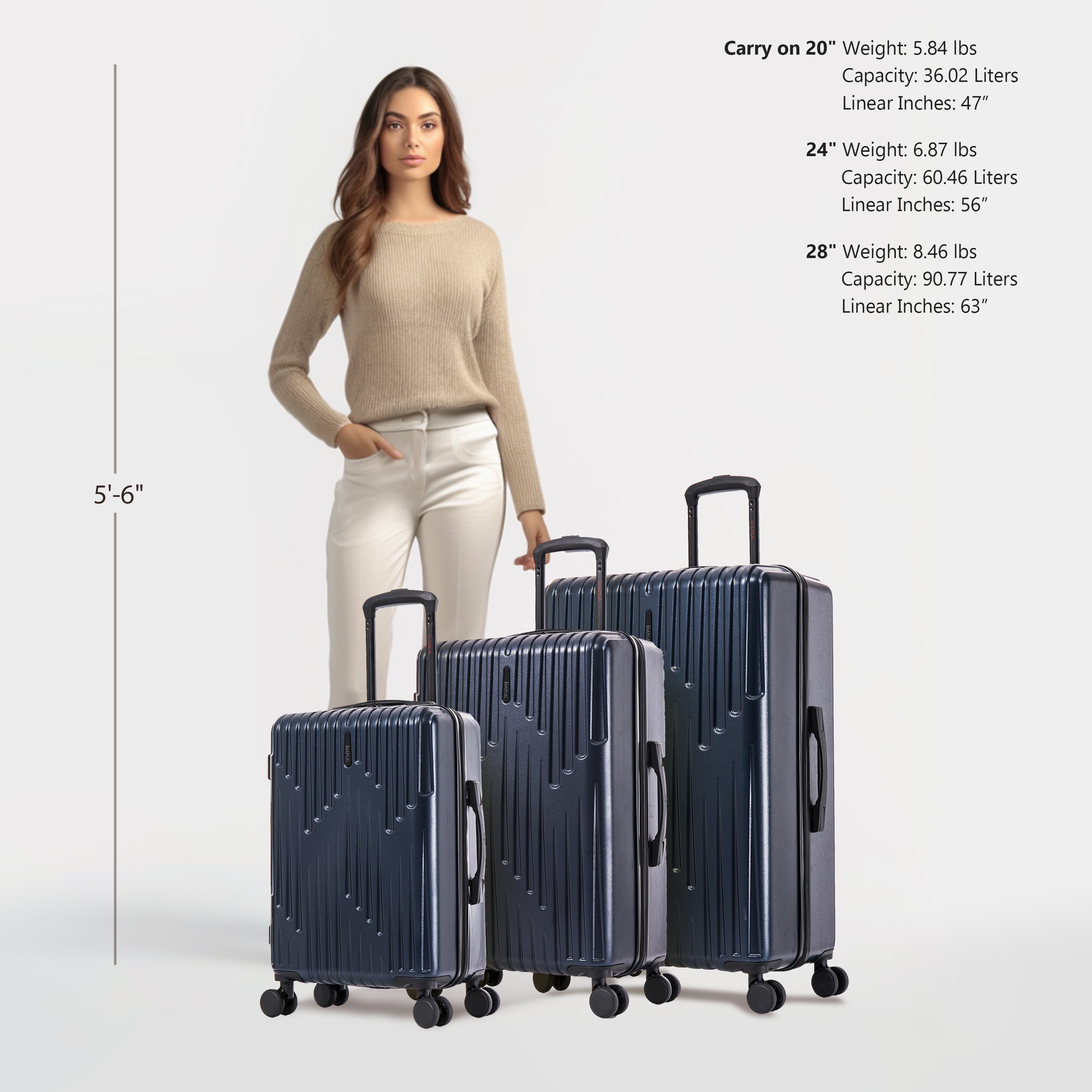 Woman standing next to three suitcases with size and weight information displayed.