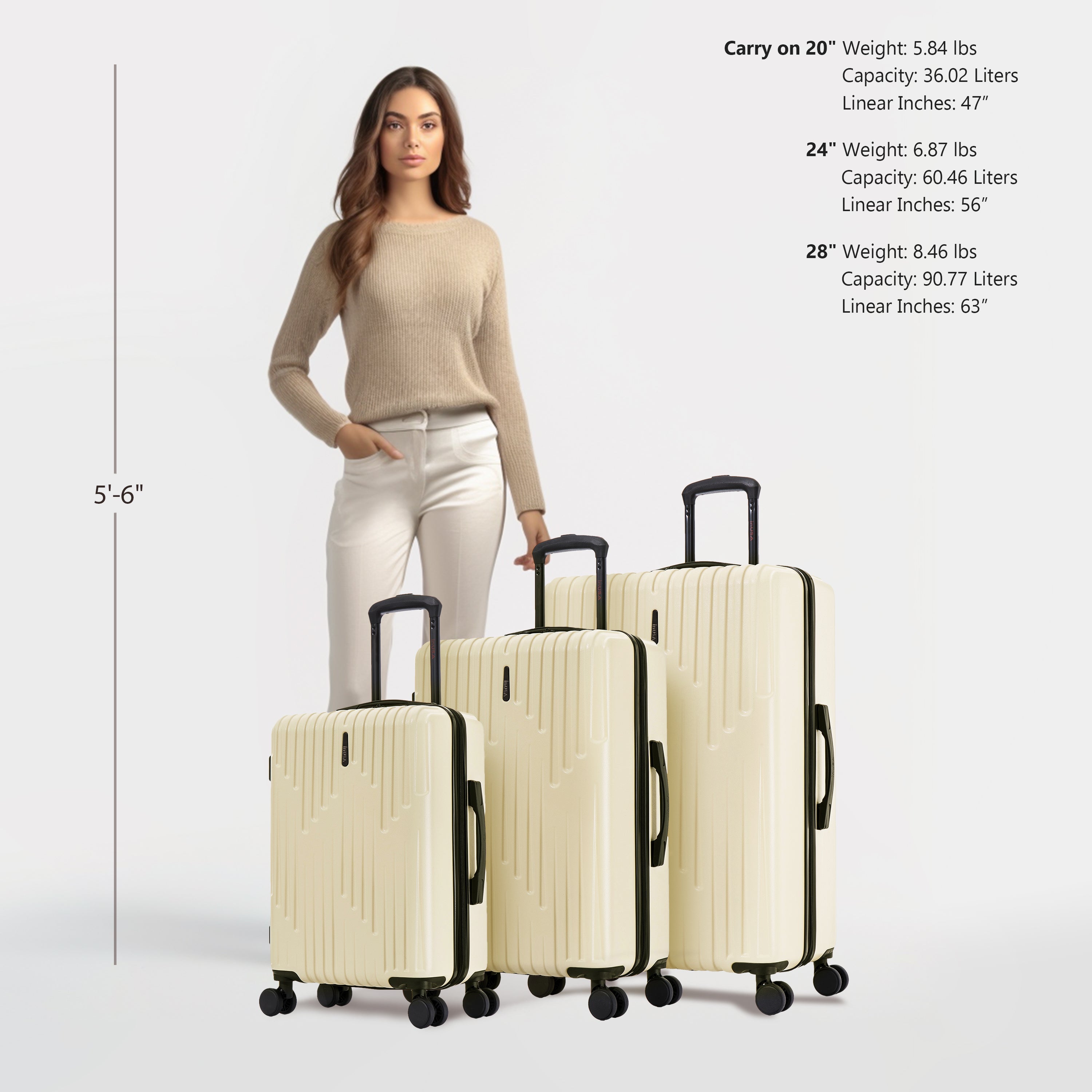 Woman standing next to three beige suitcases with dimensions and weight information displayed.