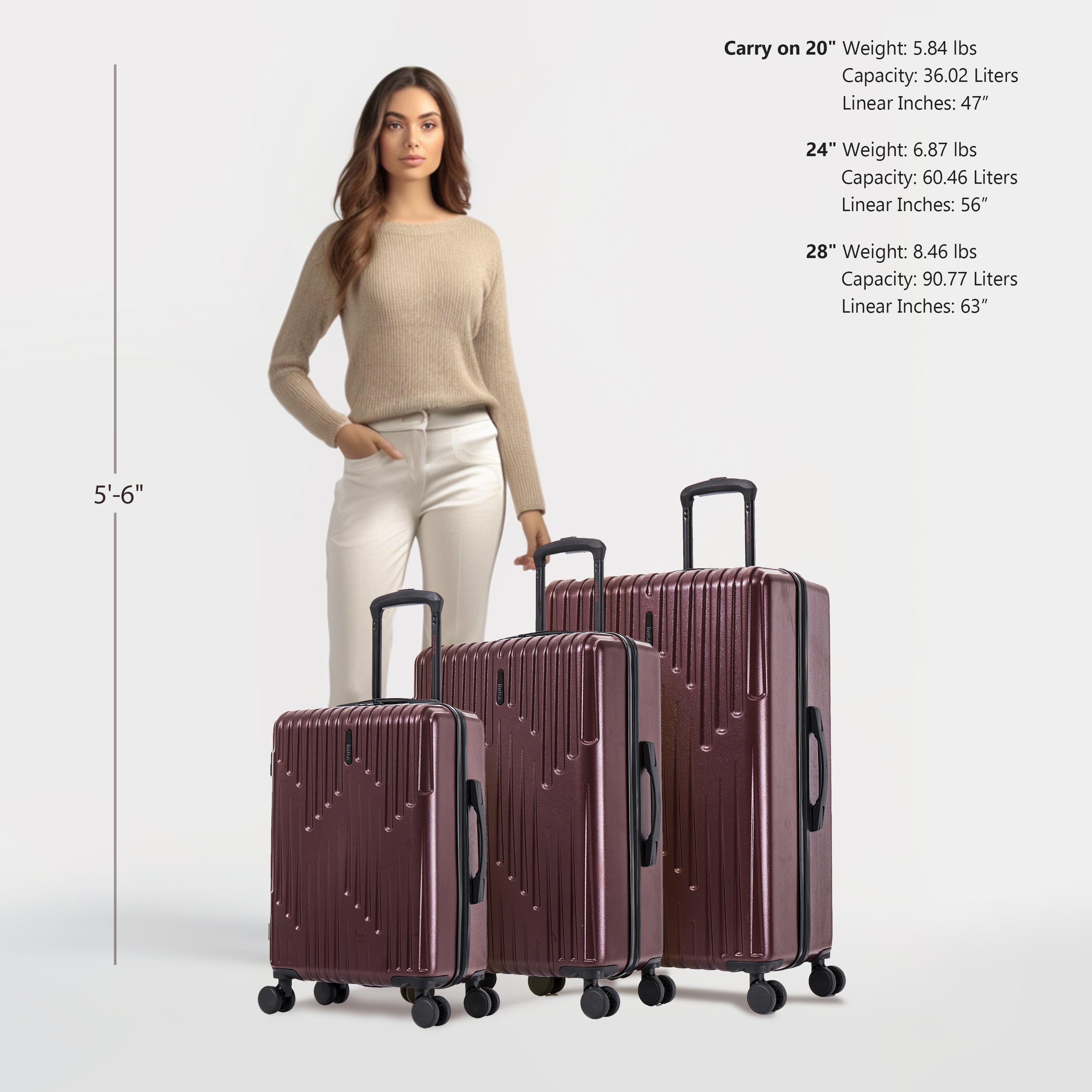 Woman standing next to three suitcases of different sizes with weight and capacity information displayed.