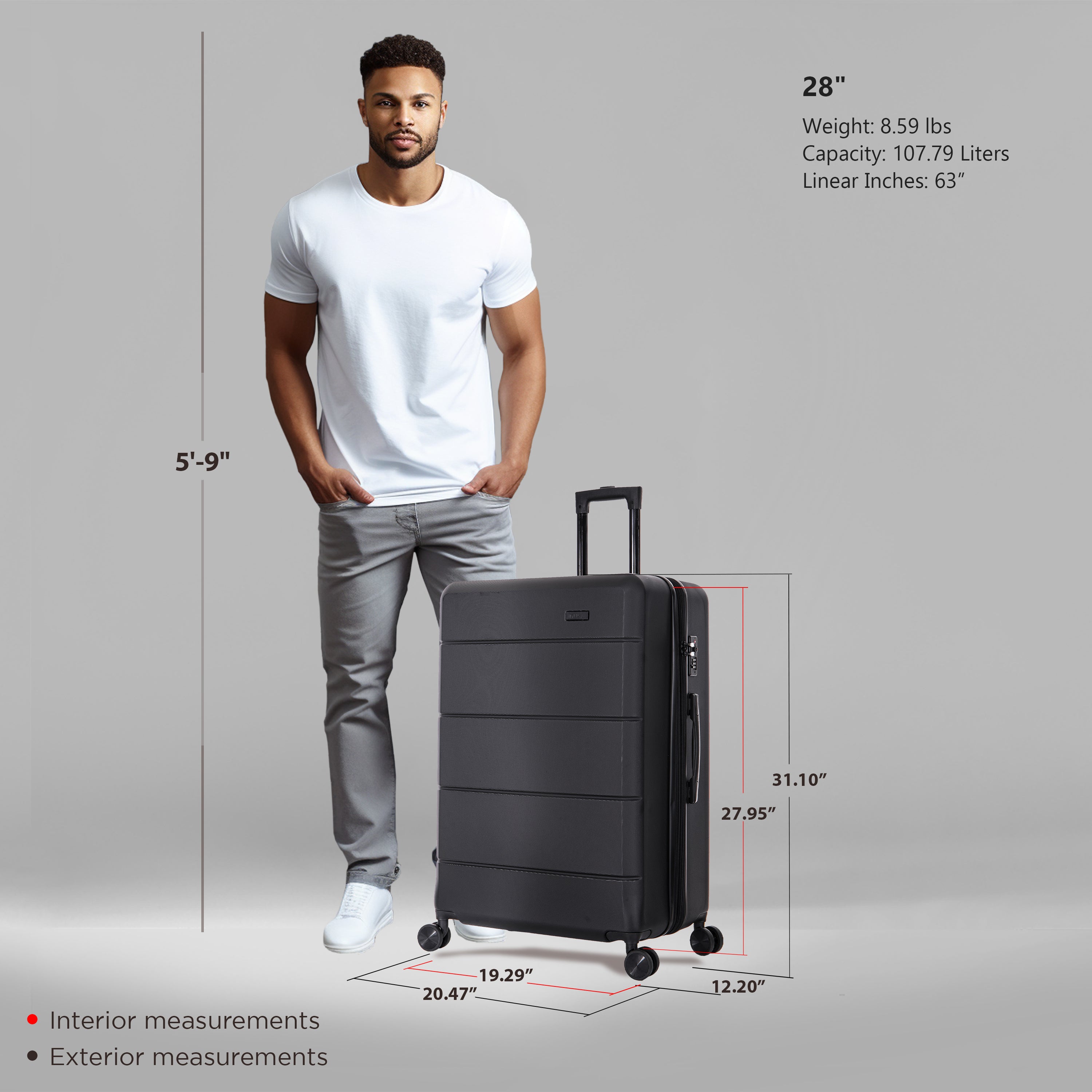 Man standing next to a black suitcase with measurements displayed