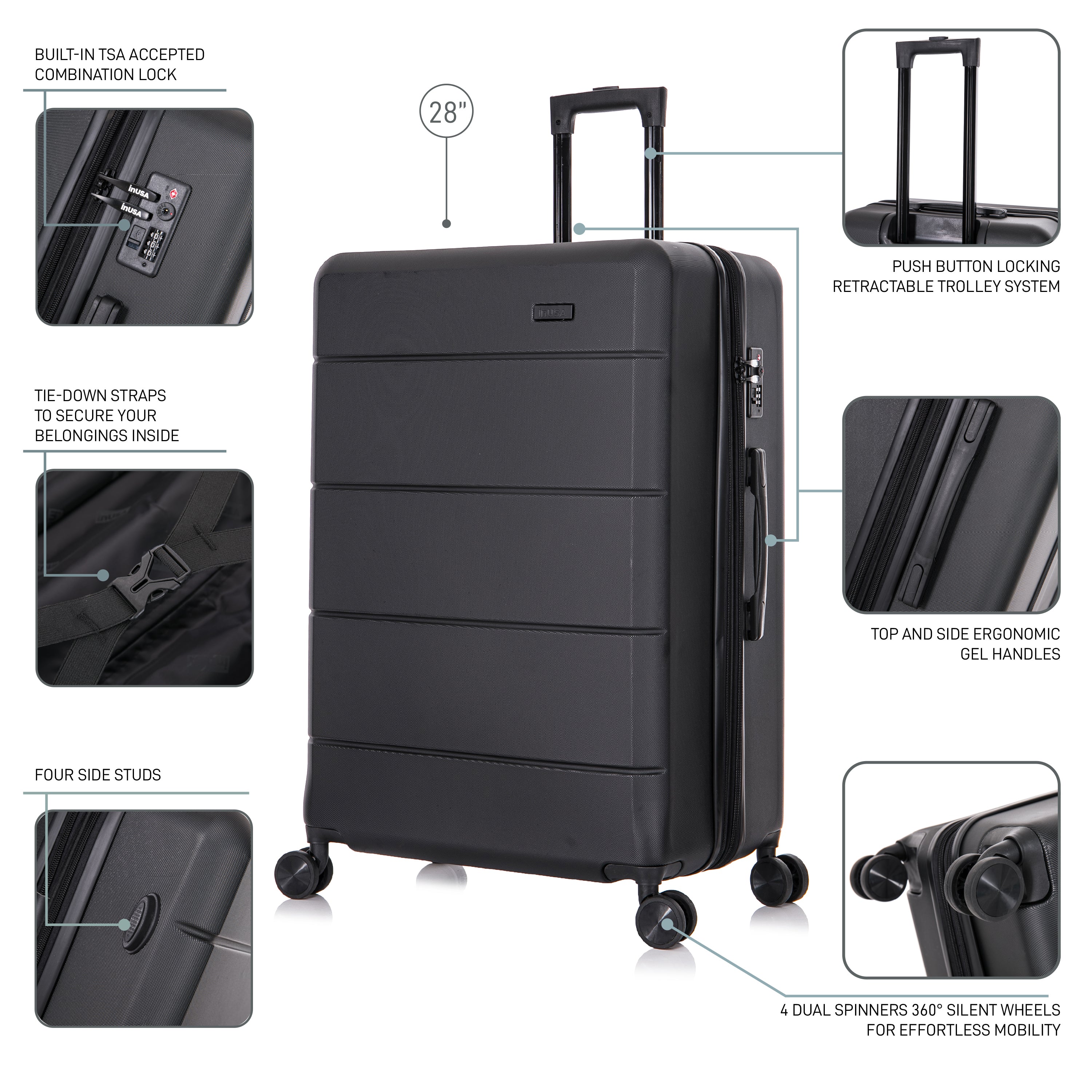 Black suitcase with multiple features highlighted on a white background