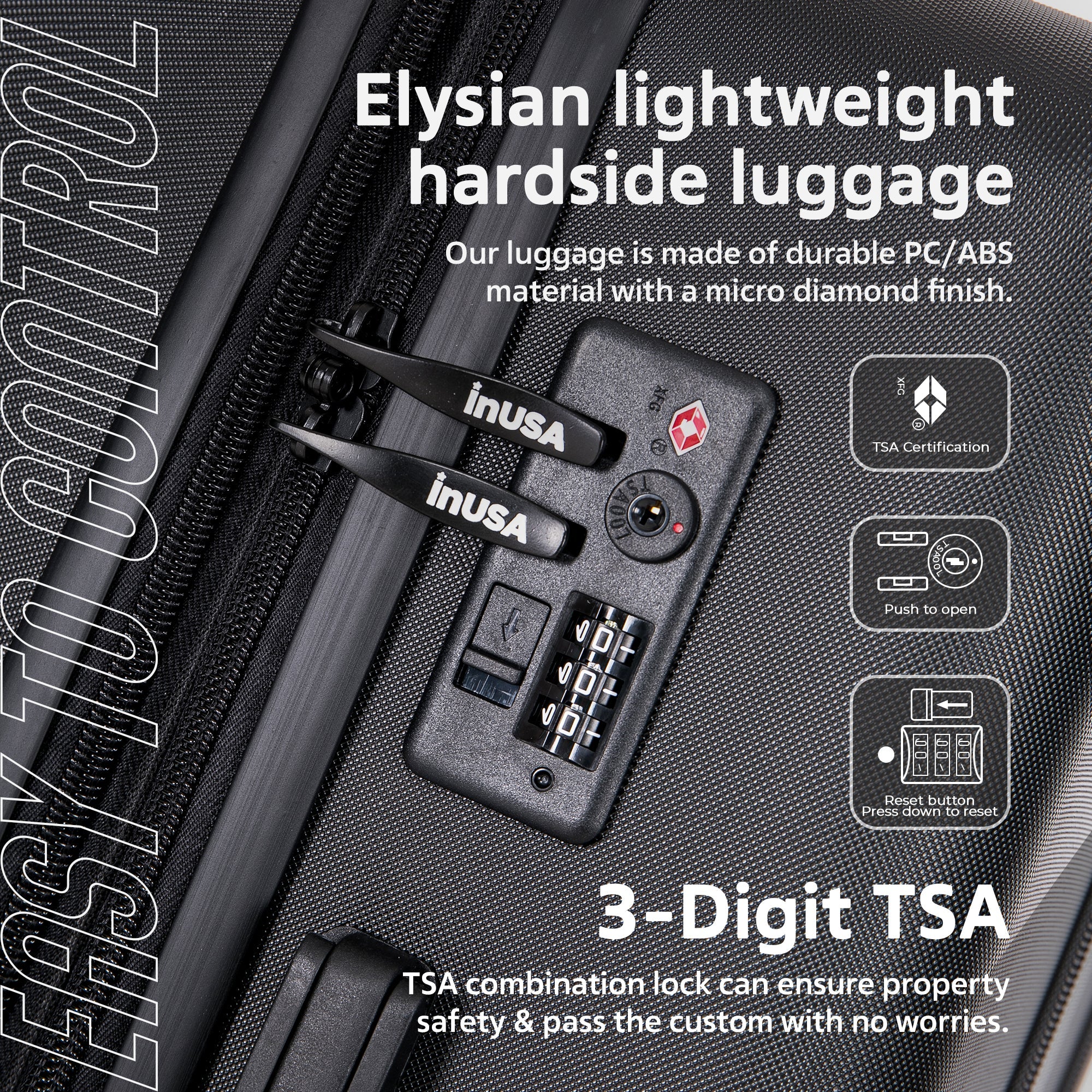 Elysian lightweight hardside luggage with TSA lock features on a dark background