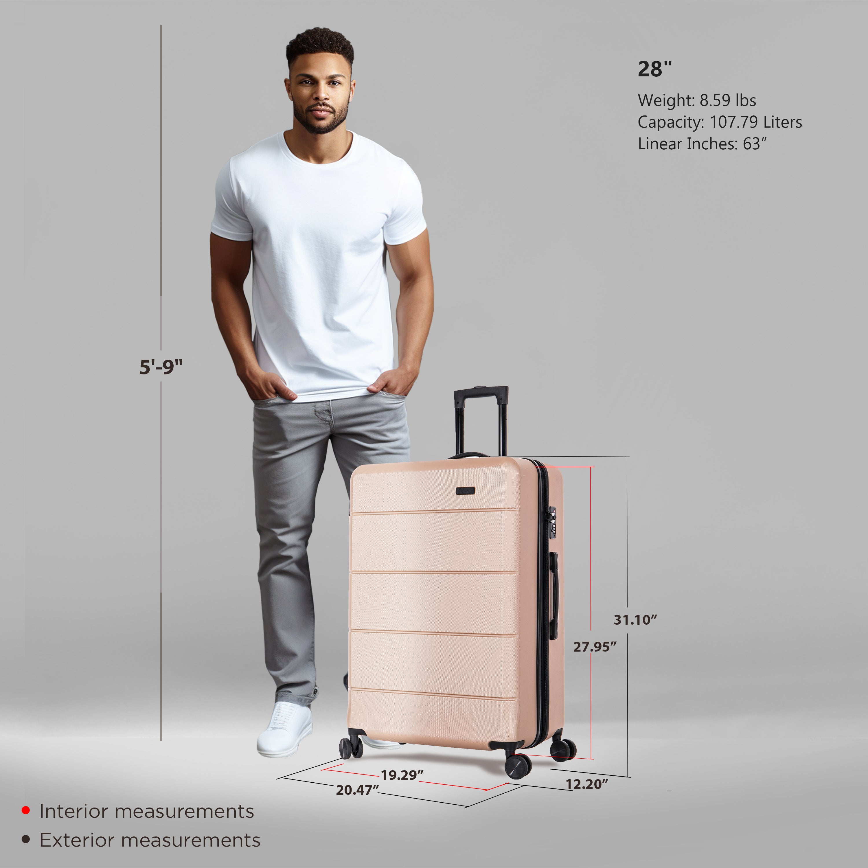 Man standing next to a suitcase with measurements displayed