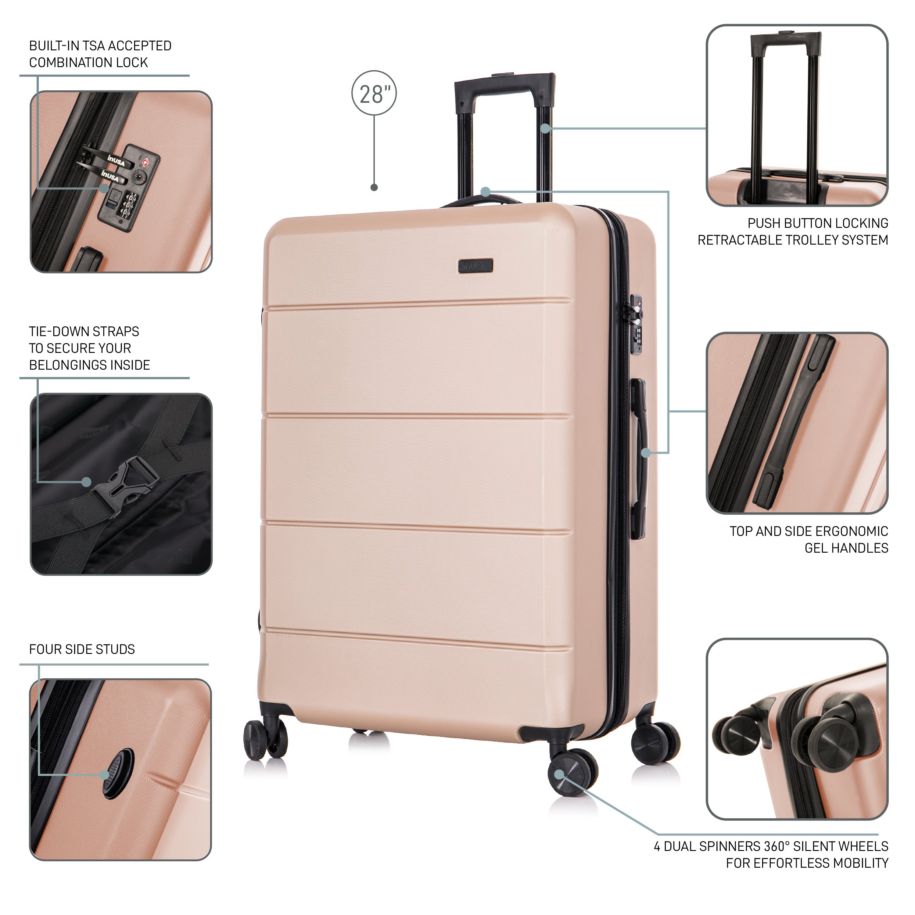 Beige suitcase with multiple features highlighted on a white background
