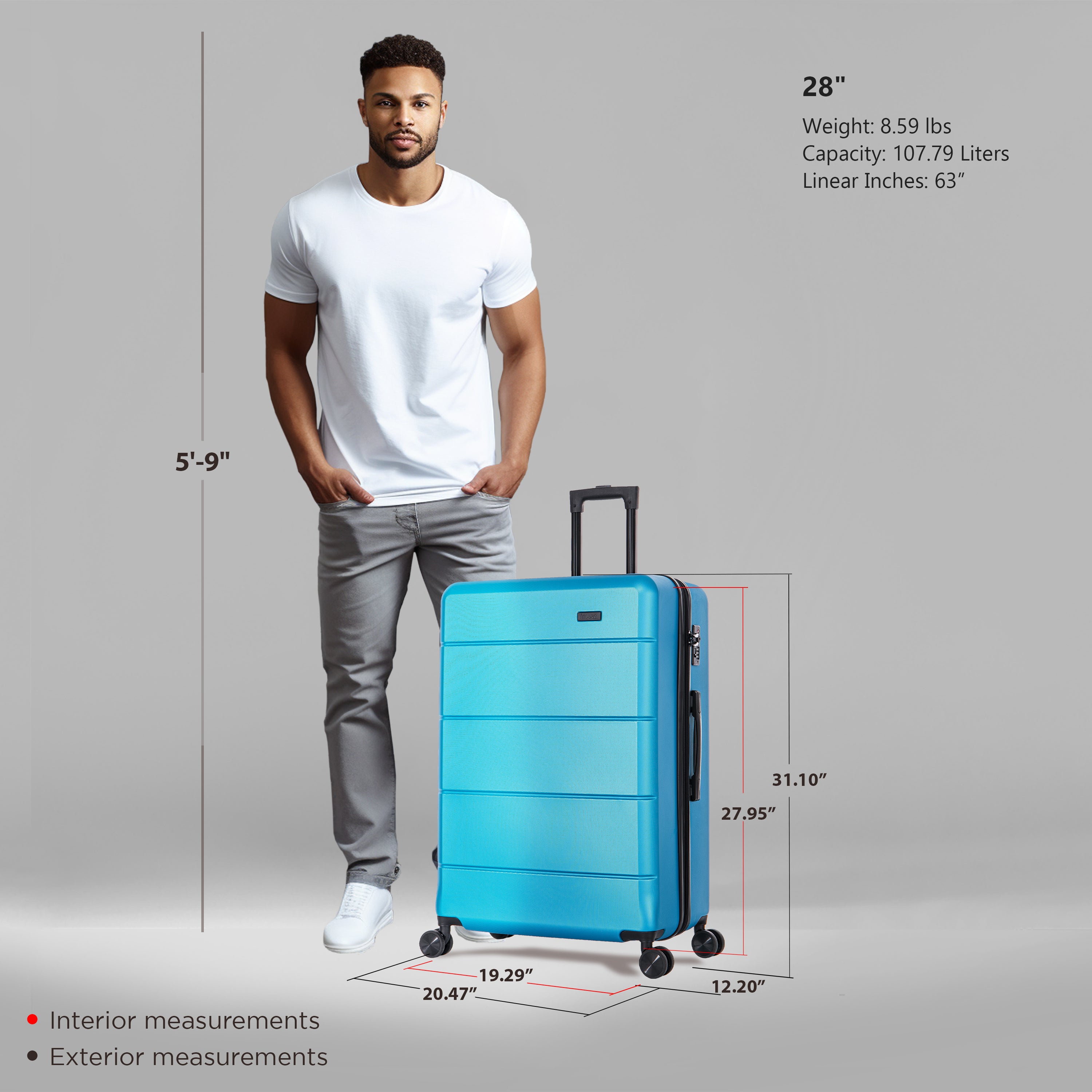Man standing next to a blue suitcase with measurements displayed