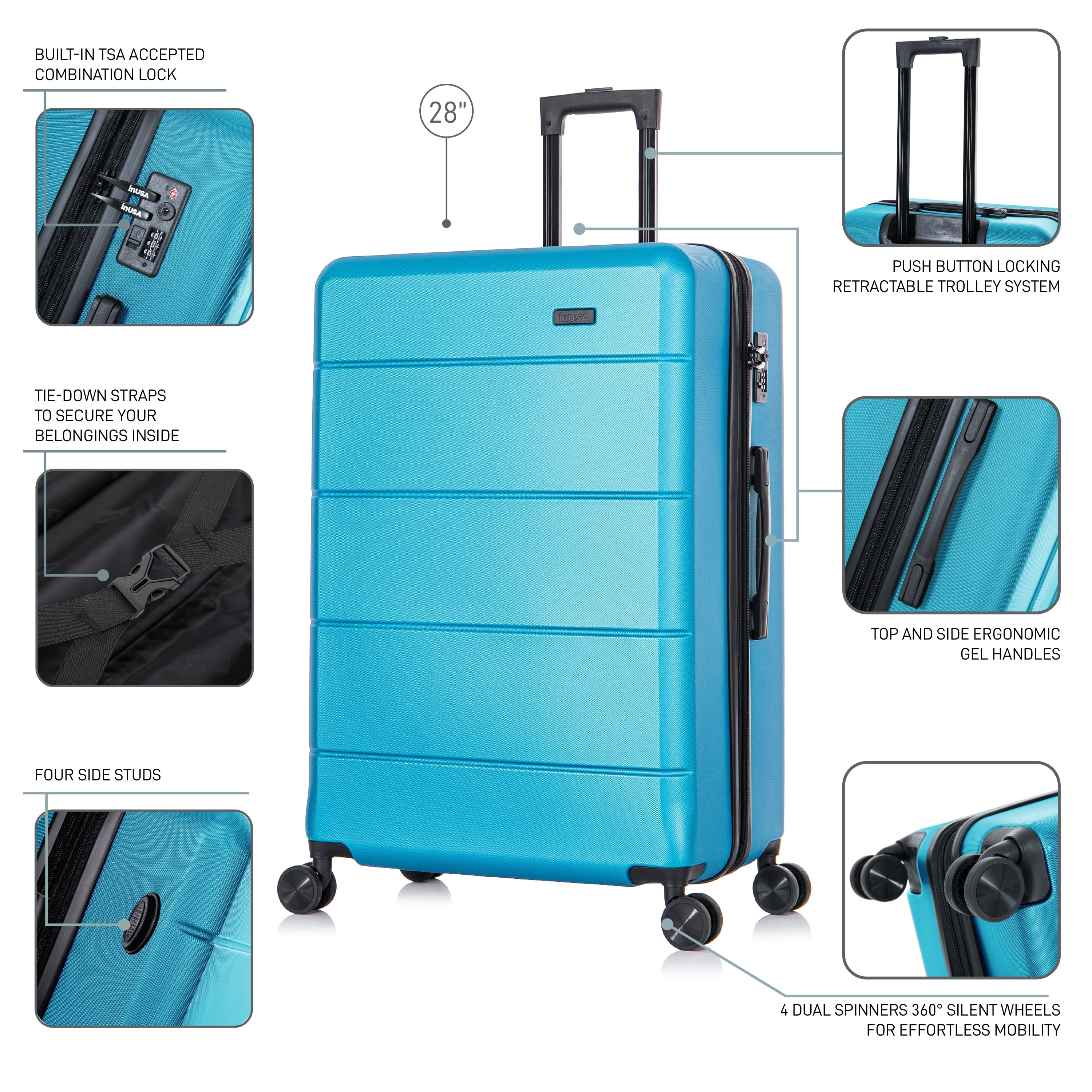 Blue suitcase with features highlighted on a white background