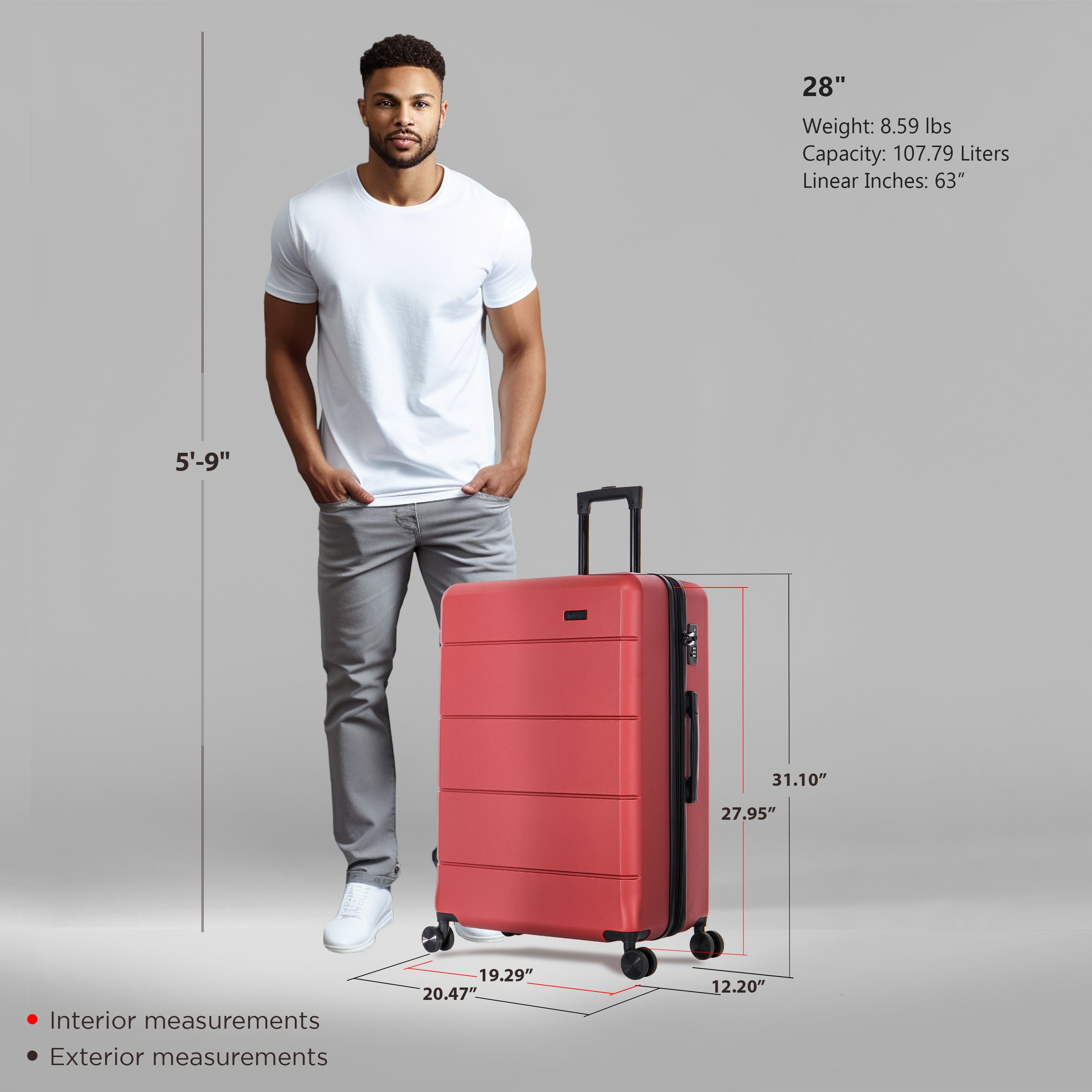Man standing next to a red suitcase with measurements displayed