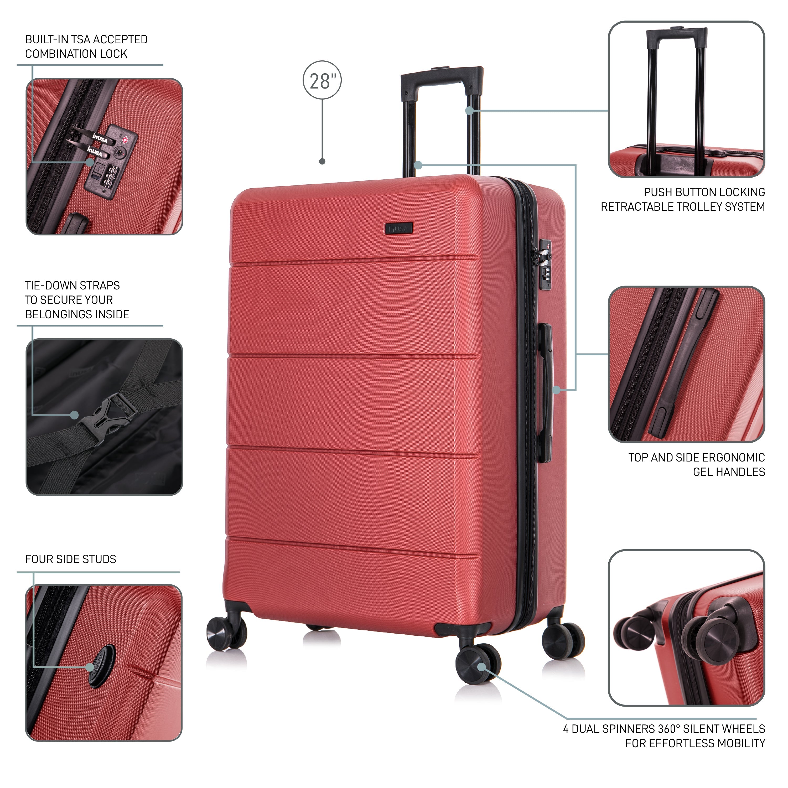 Red suitcase with multiple features highlighted on a white background