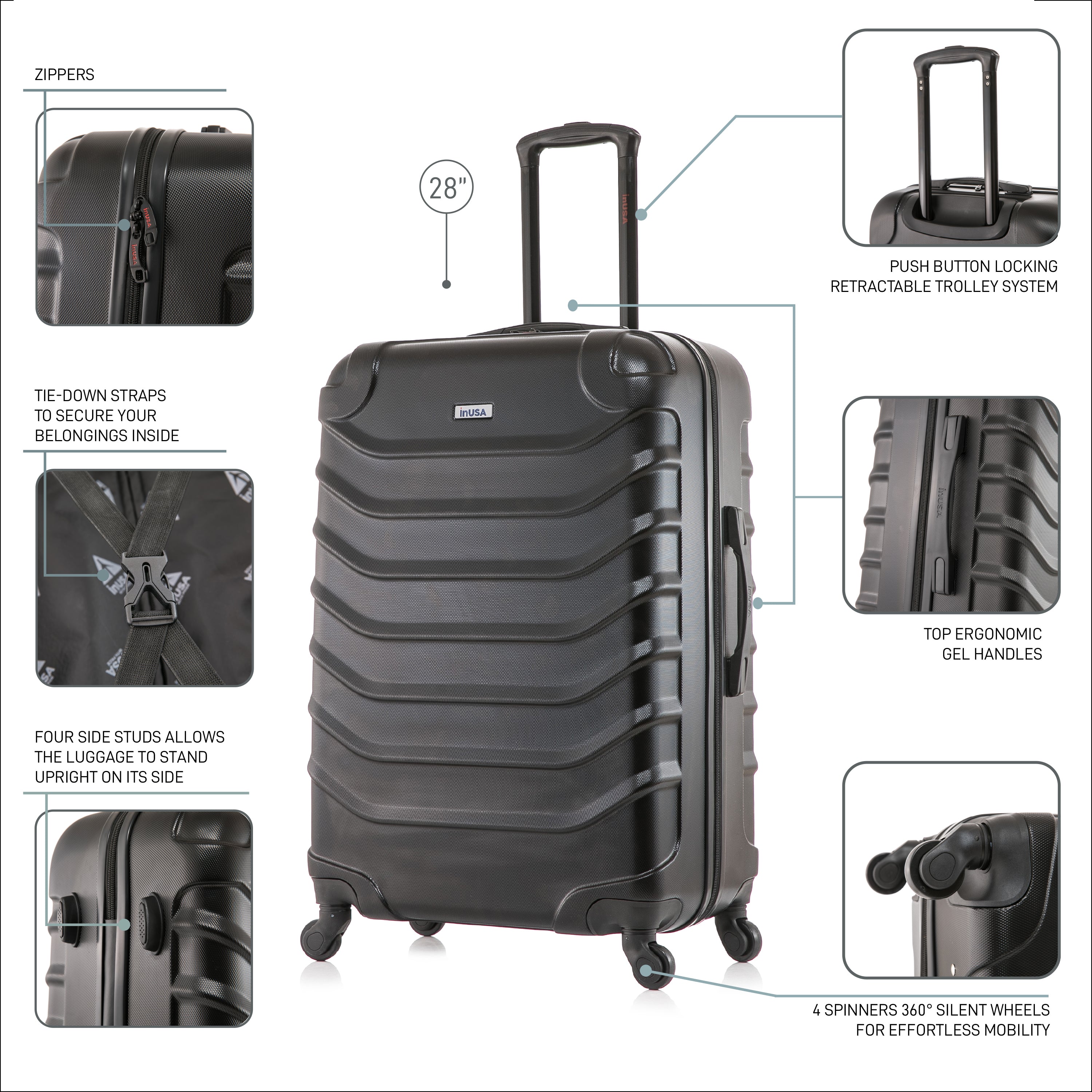 Black suitcase with features highlighted on a white background
