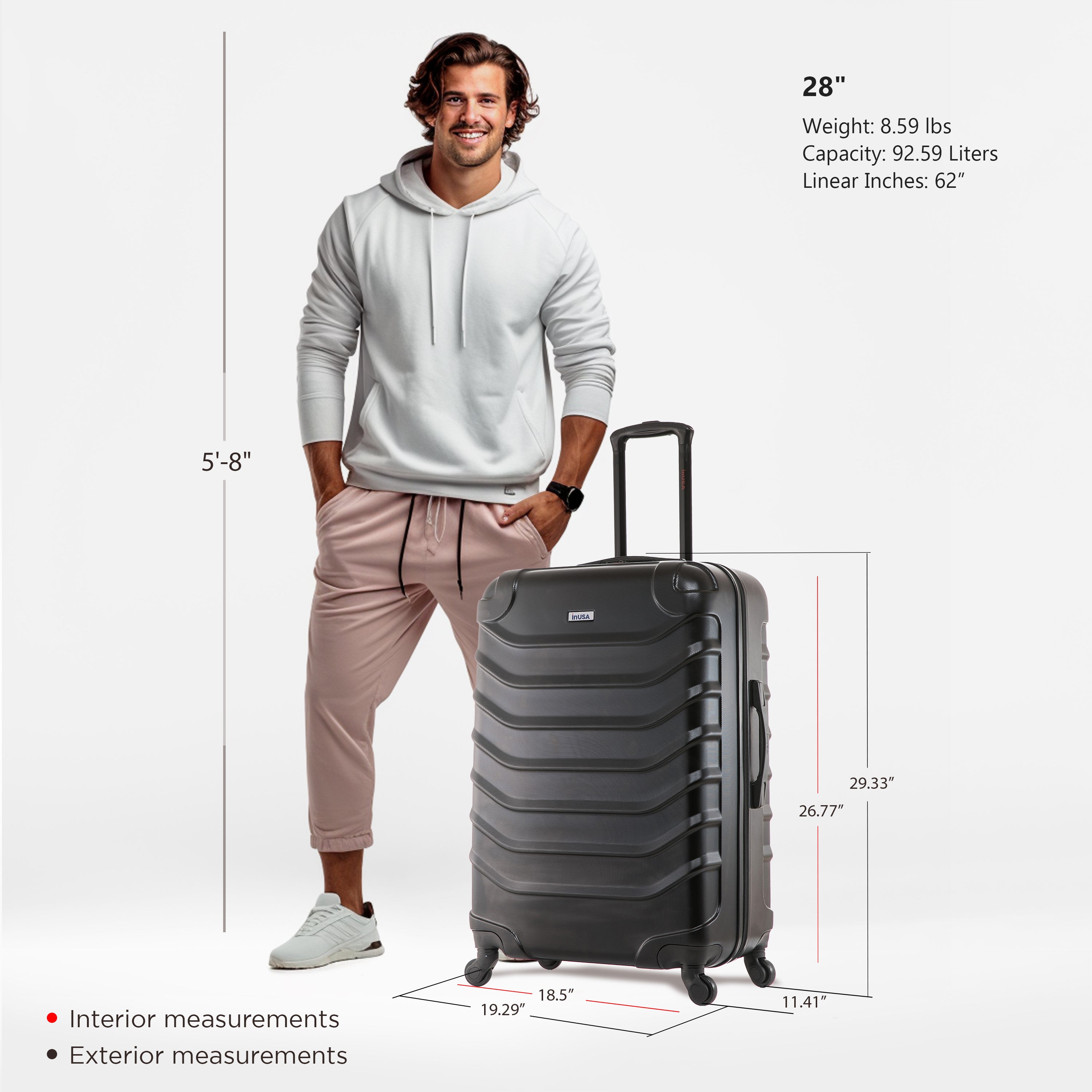 Man standing next to a gray suitcase with measurements displayed