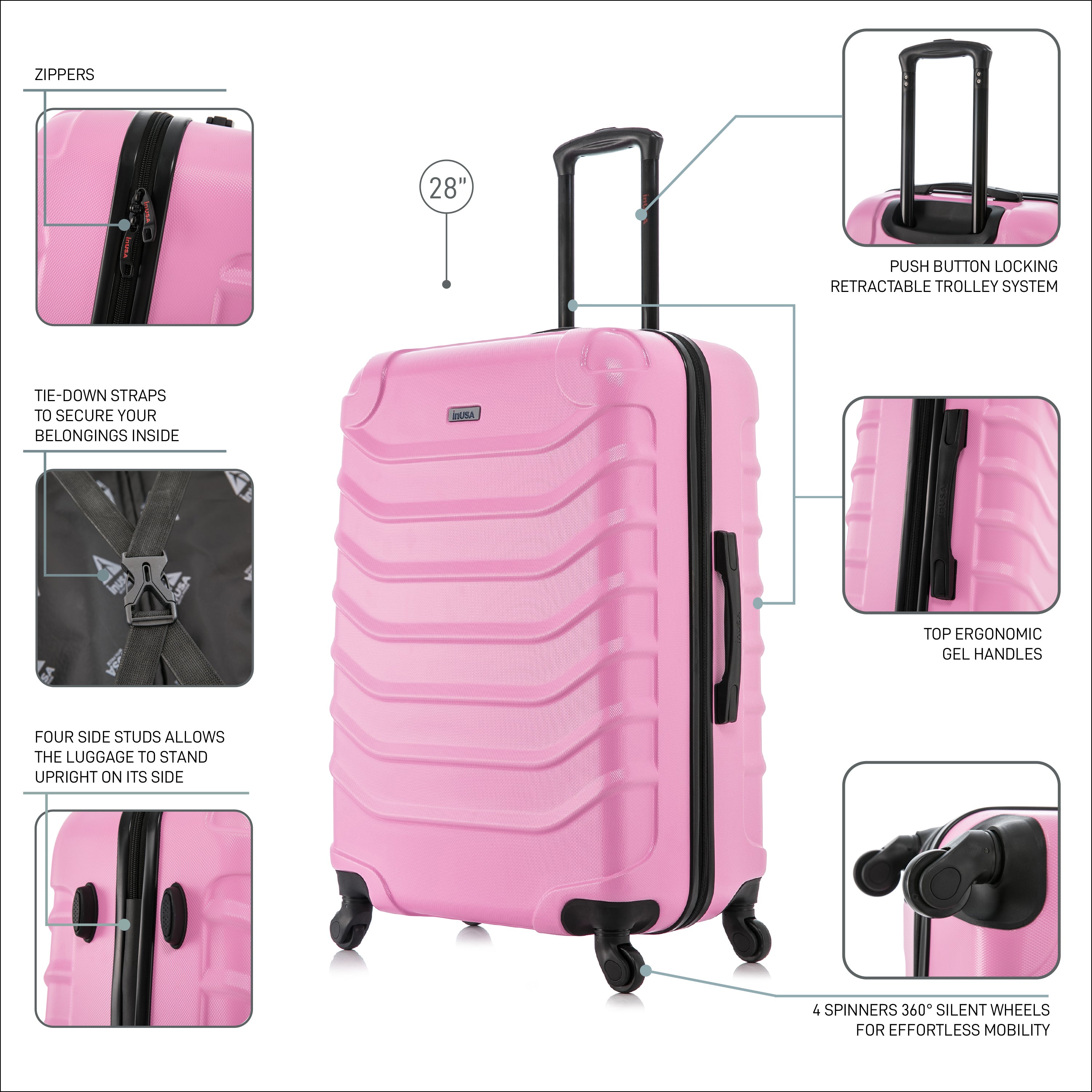 Pink suitcase with features highlighted on a white background