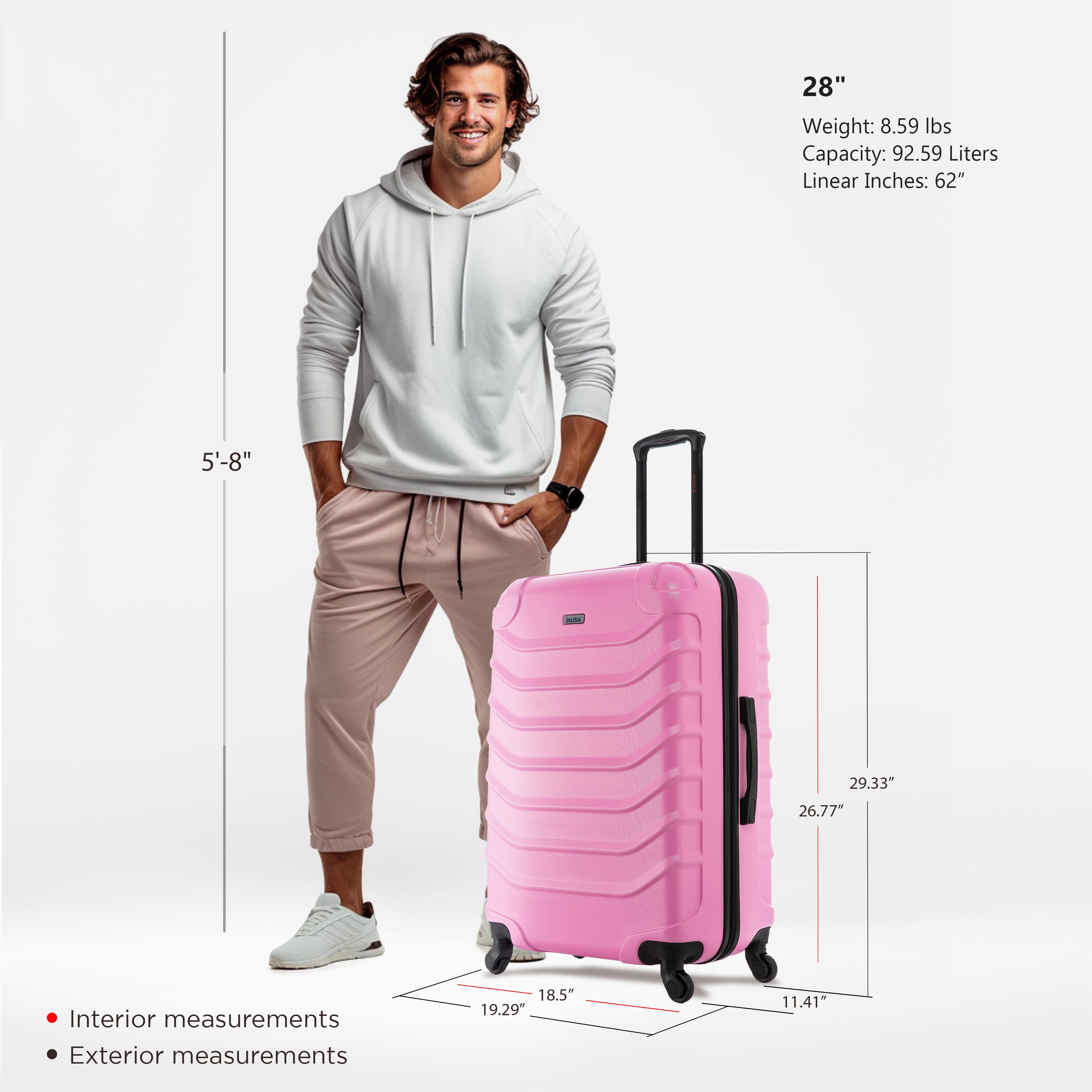 Man standing next to a pink suitcase with measurements displayed
