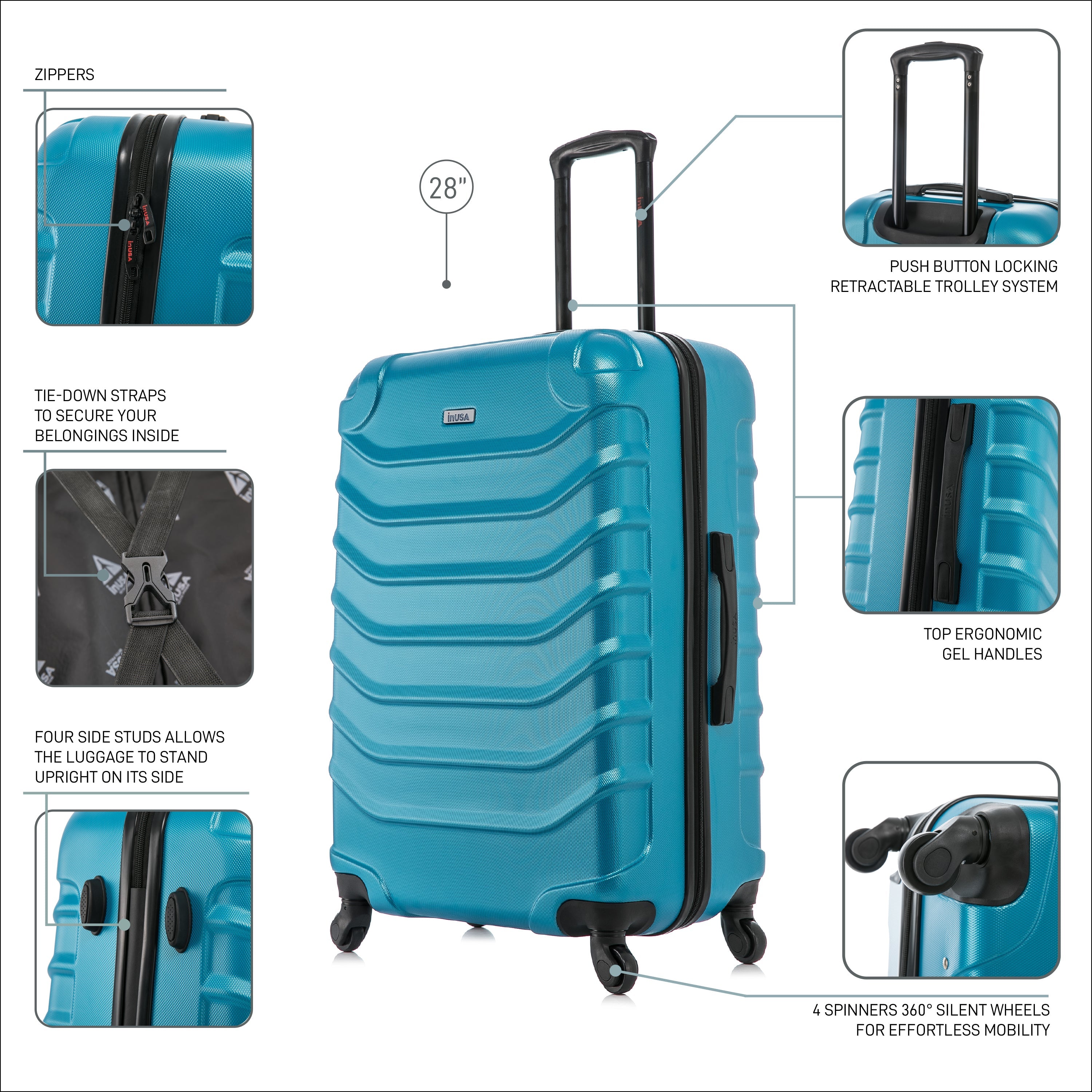 Blue suitcase with features highlighted on a white background