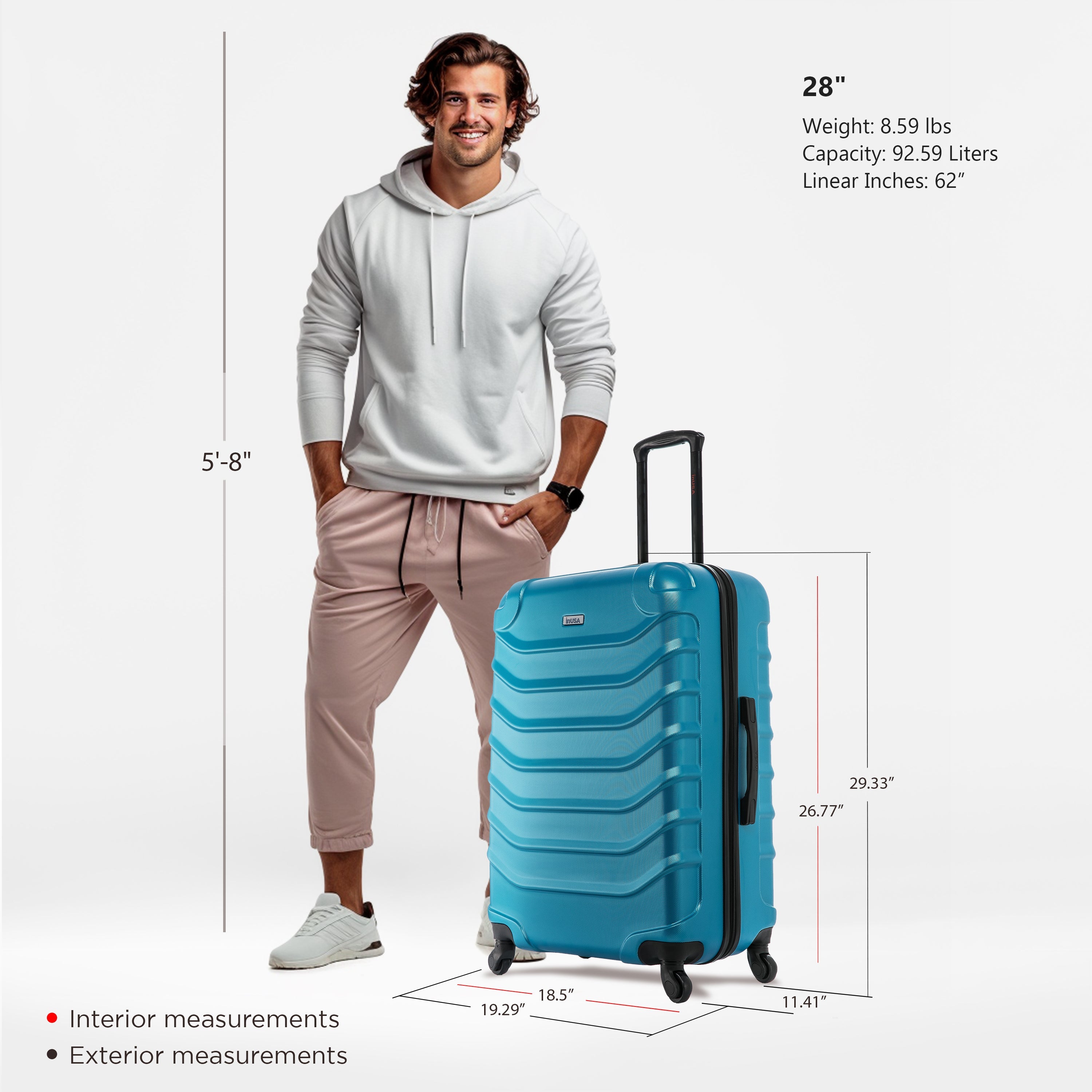 Man standing next to a blue suitcase with measurements displayed