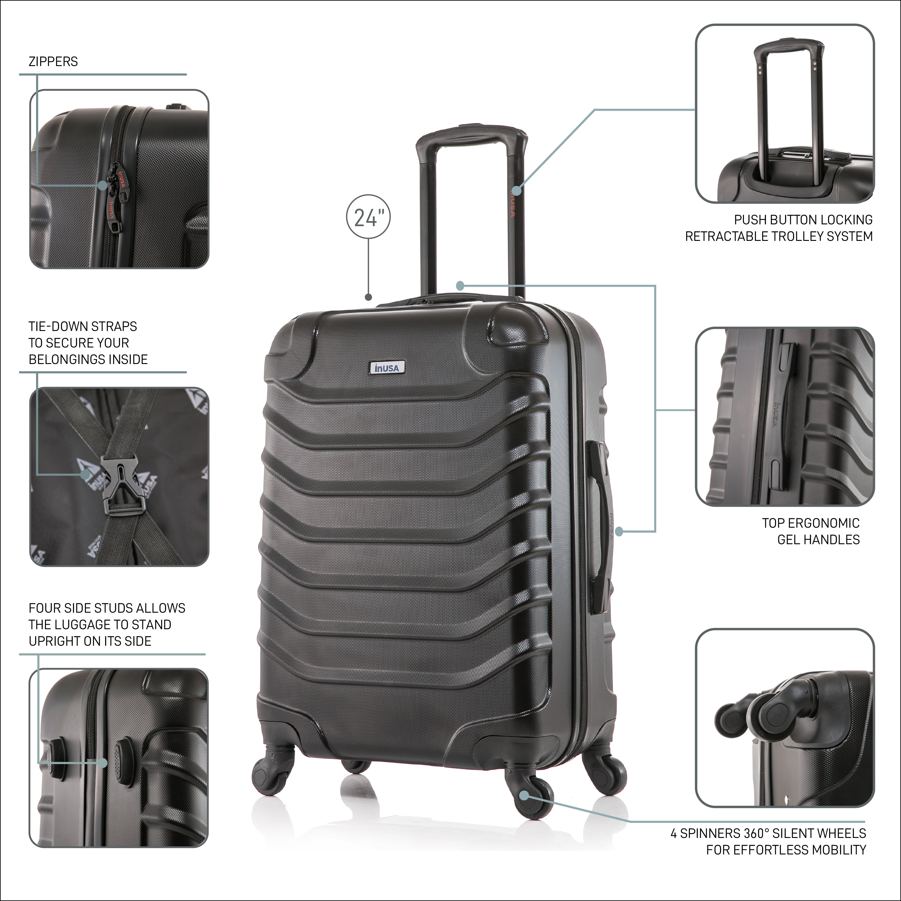 Black suitcase with features highlighted on a white background