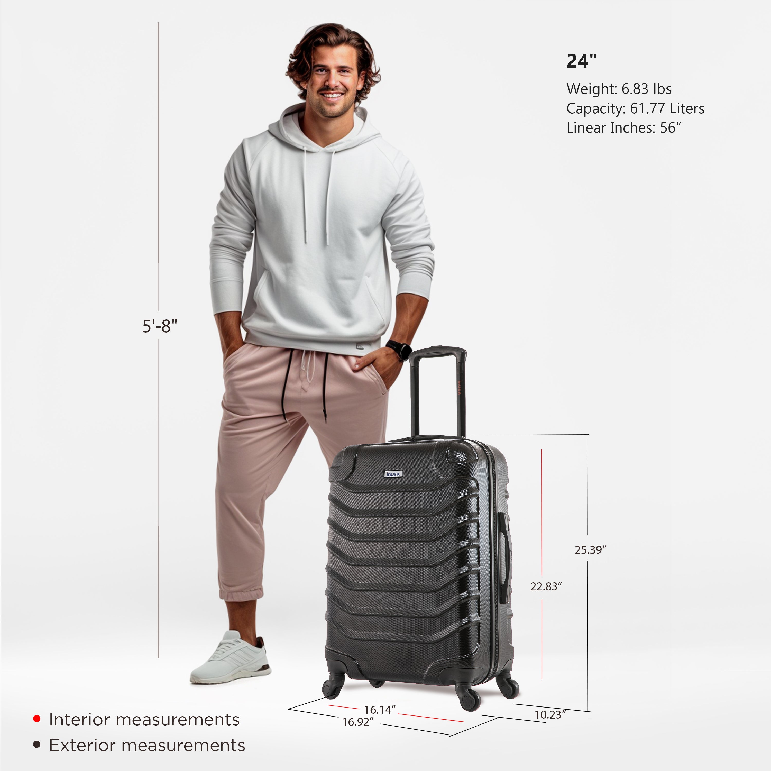 Man standing next to a gray suitcase with measurements displayed
