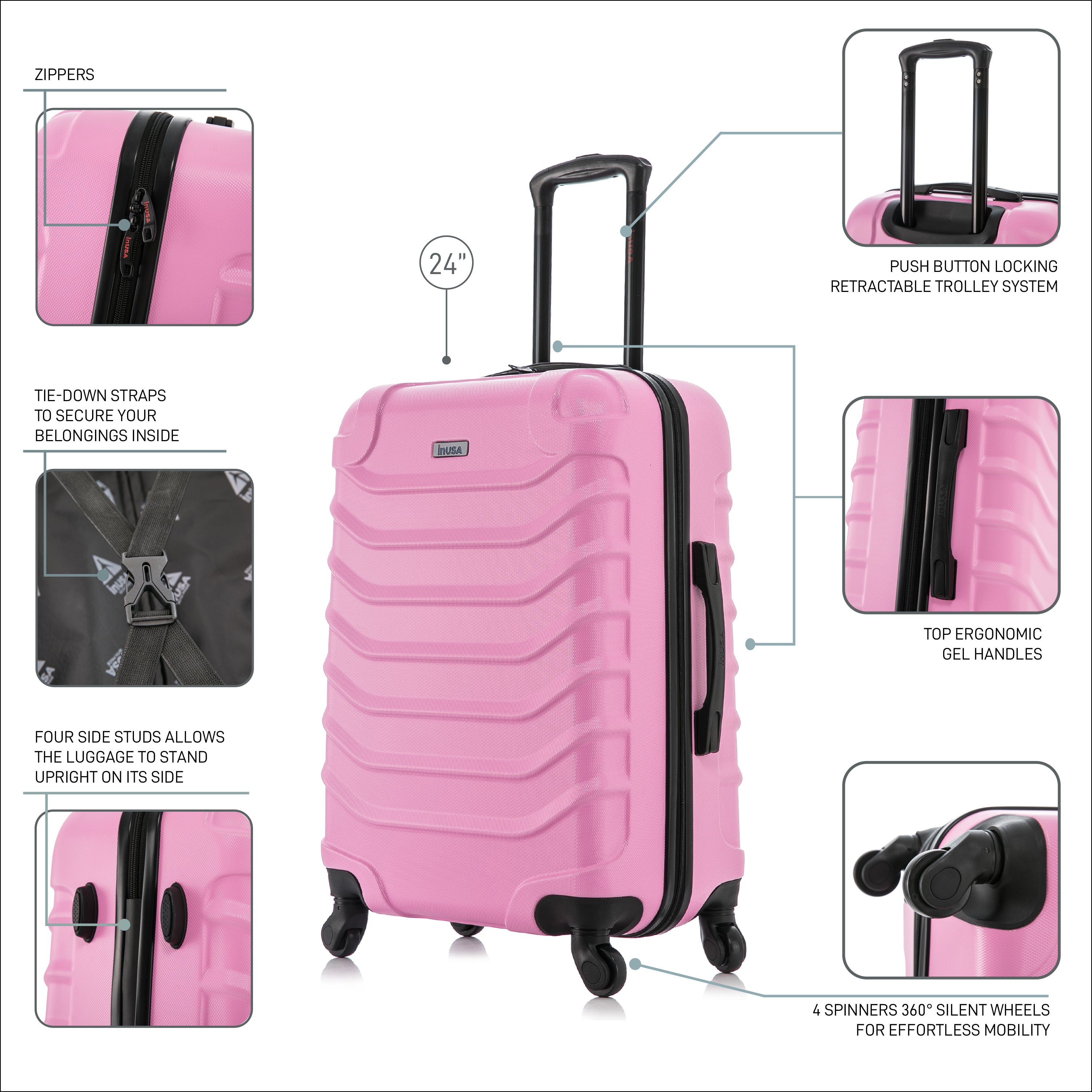 Pink suitcase with features highlighted on a white background