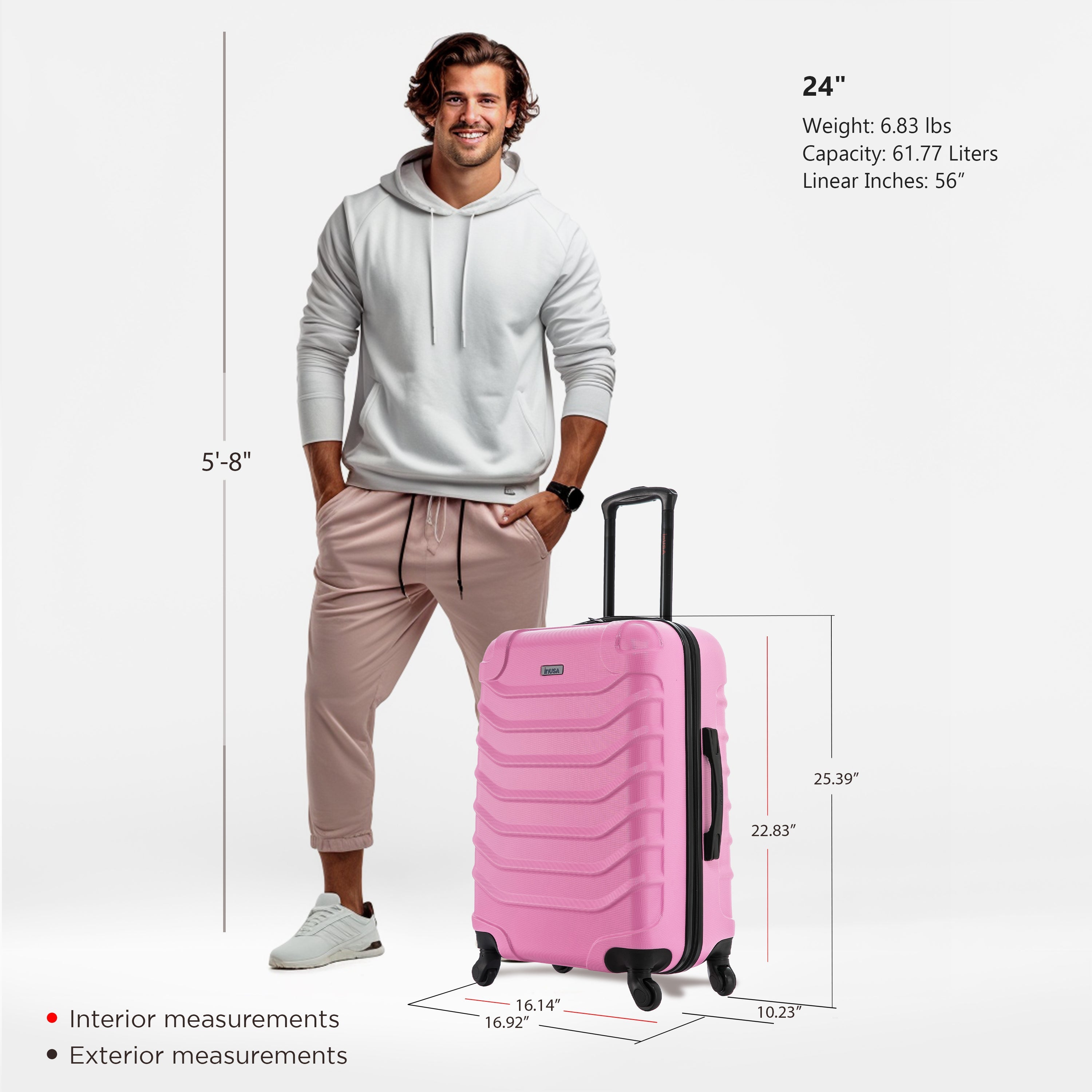 Man standing next to a pink suitcase with measurements displayed