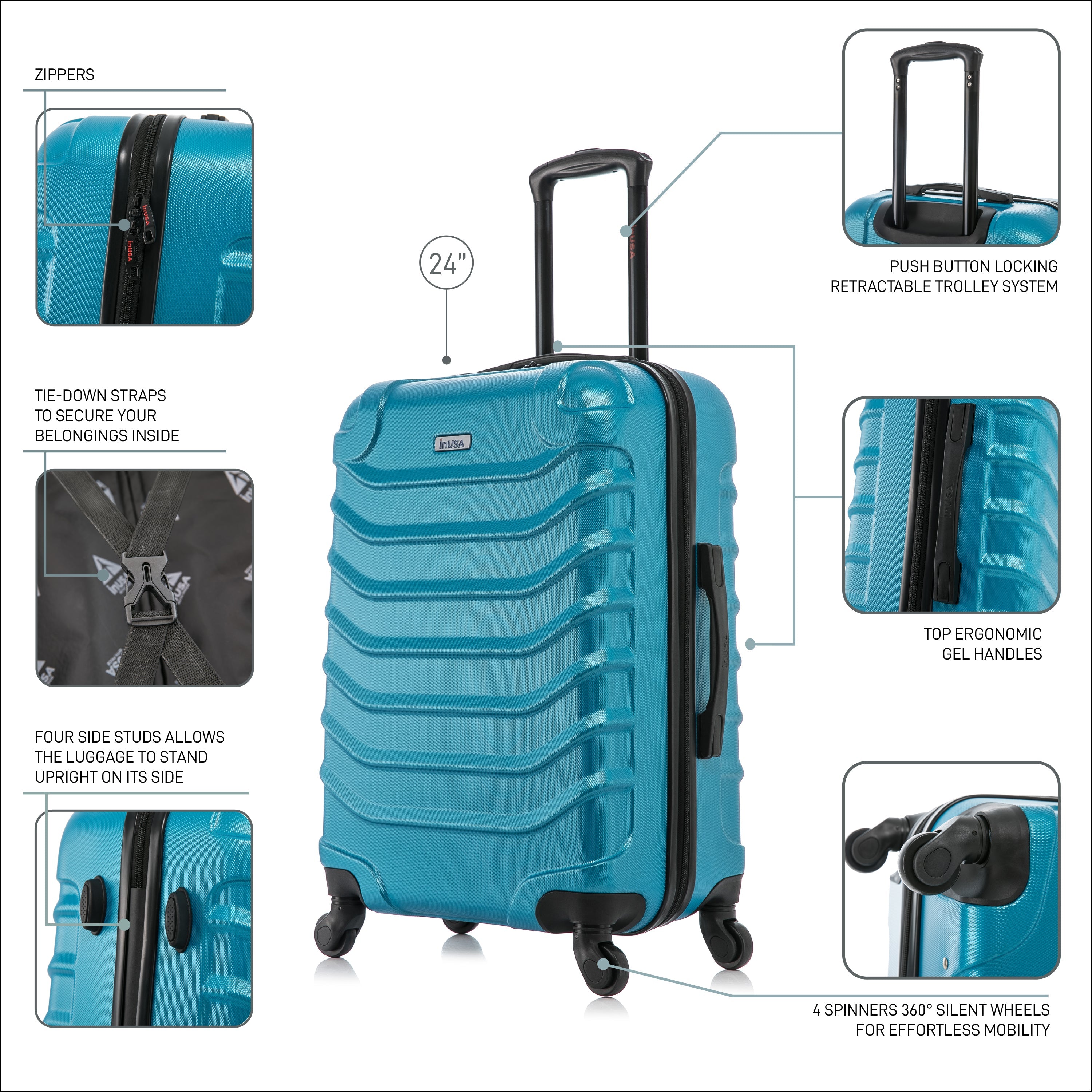 Blue suitcase with features highlighted on a white background