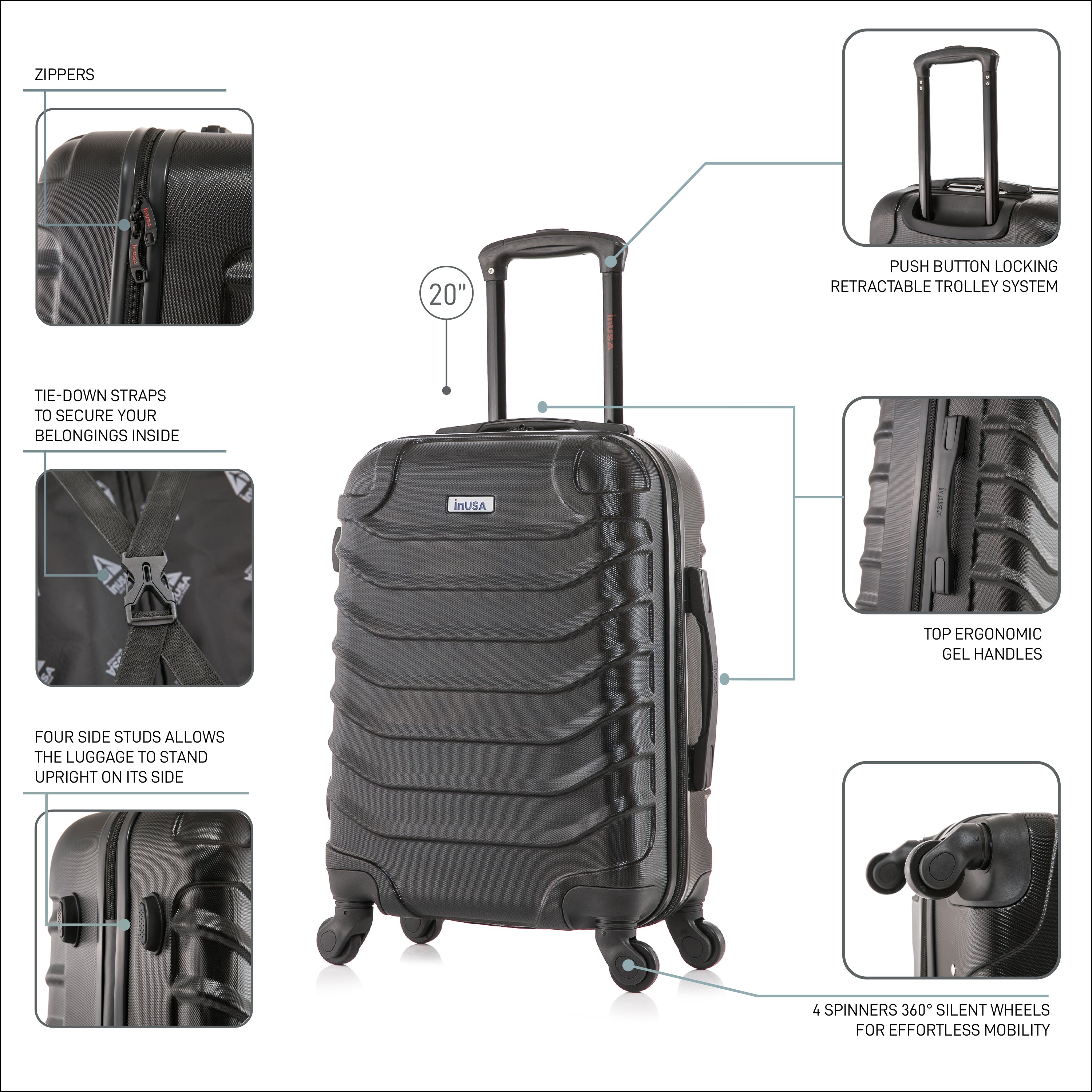 Black suitcase with features highlighted on a white background